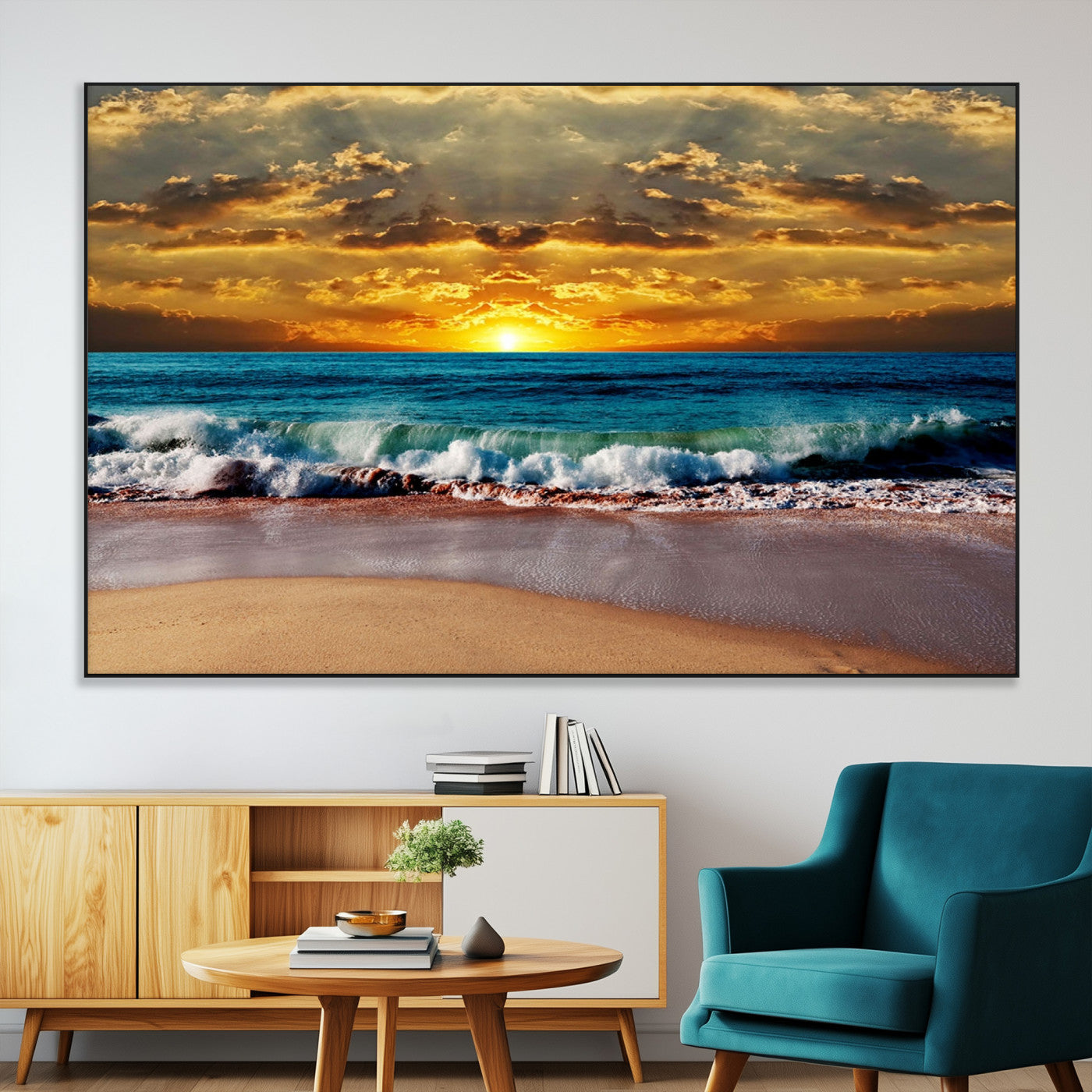 -Ocean Sunrise Over Golden Beach Waves, Giclee Canvas Wall Art Set, High-Quality Stretched Canvas
