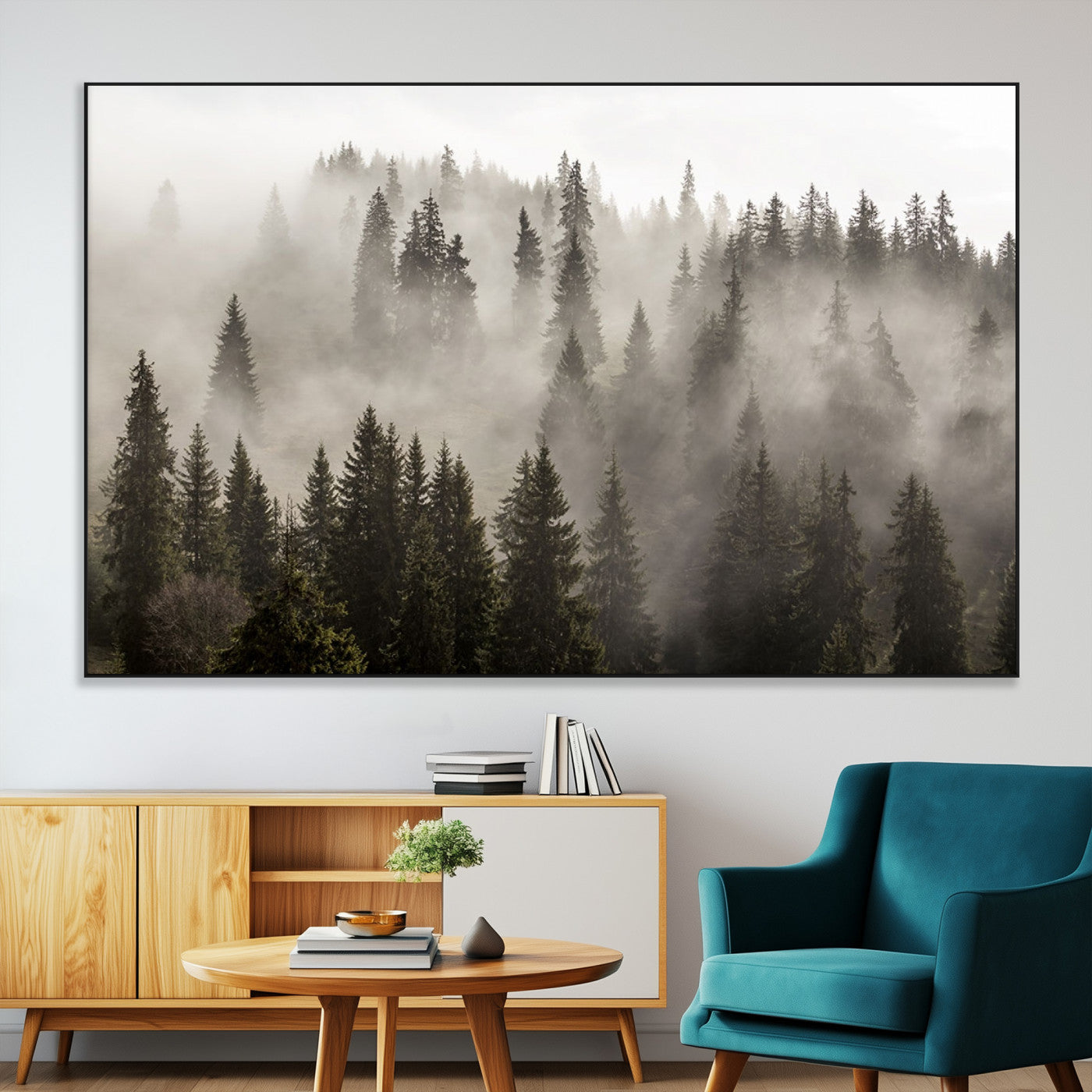 62862-MGV-CV-36X24-Foggy Mountain Wall Art | 3-Panel Foggy Forest and Mountain Landscape | Large Giclee Print for
