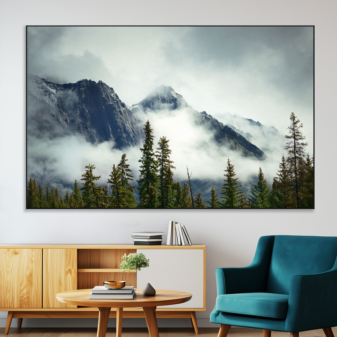 93219-MGV-CV-36X24-Mountain Mist Canvas Wall Art Print | 3-Panel Foggy Forest and Mountain Landscape | Large Giclee