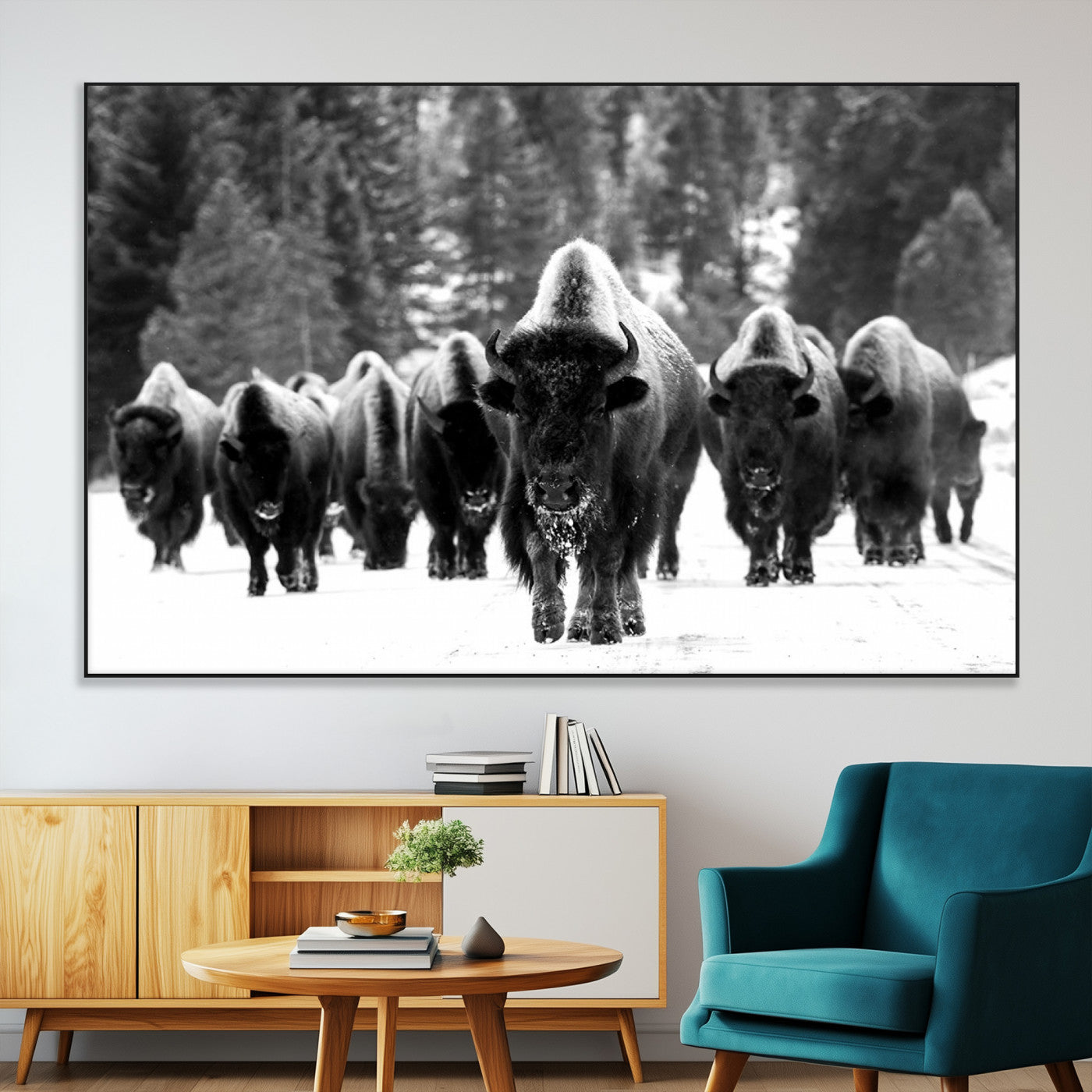 62434-MGV-CV-36X24-Bison Herd in Snow Wall Art Canvas Print | Rustic Western Bison Wall Art for Decor for Living Room,
