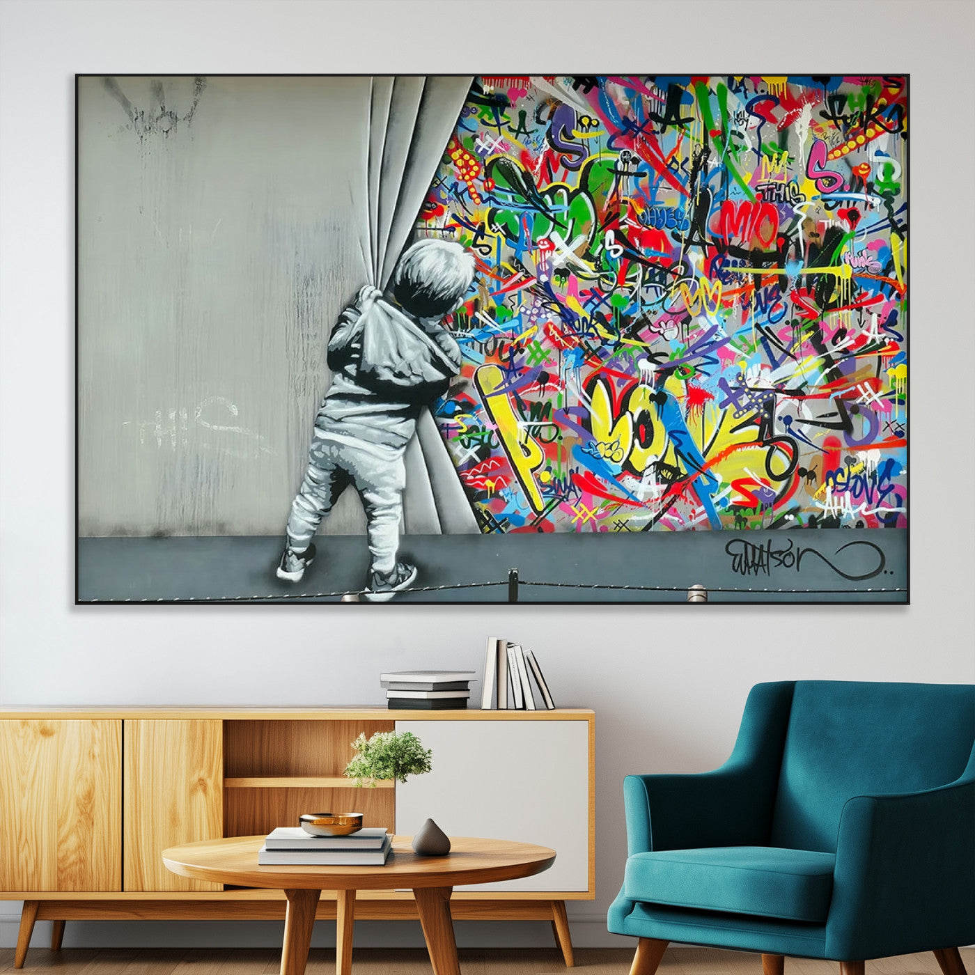 51713-MGV-CV-36X24-Banksy Colorful Street Graffiti Canvas Wall Art Print, Modern Art Triptych, Child and Graffiti Wall,