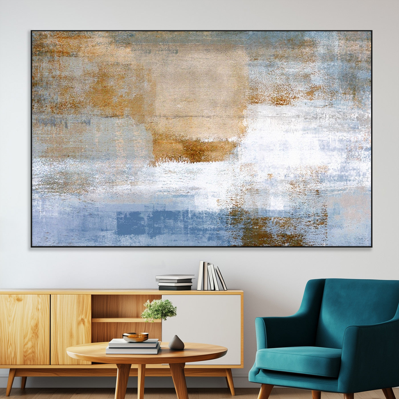 72354-MGV-CV-36X24-Blue Multi Panel Abstract Wall Art Canvas, Abstract Blue and Gold Canvas Print