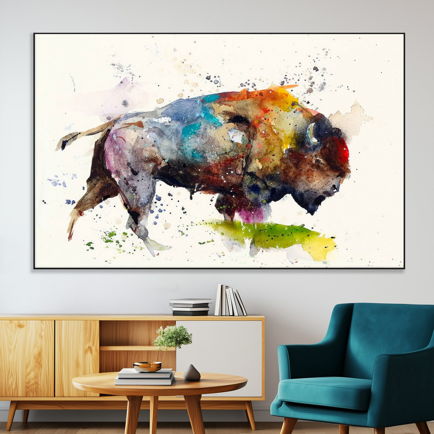 44504-MGV-CV-36X24-Abstract Buffalo Wall Art, Western Watercolor Bison Canvas Print, Rustic Buffalo Art for Cowboy and