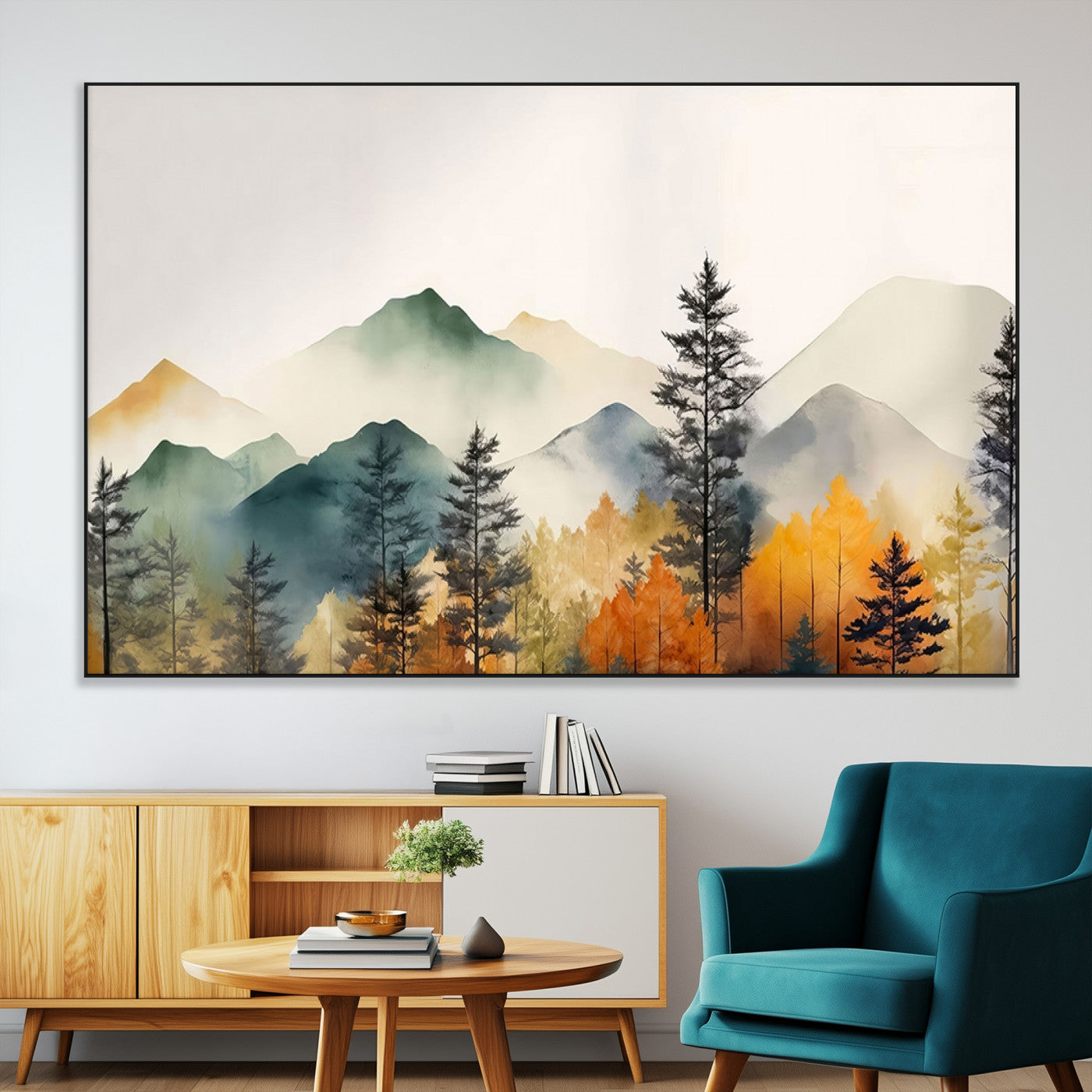 25689-MGV-CV-36X24-Abstract Watercolor Mountains and Trees Autumn Wall Art, Mountains and Trees Autumn Wall Art Canvas