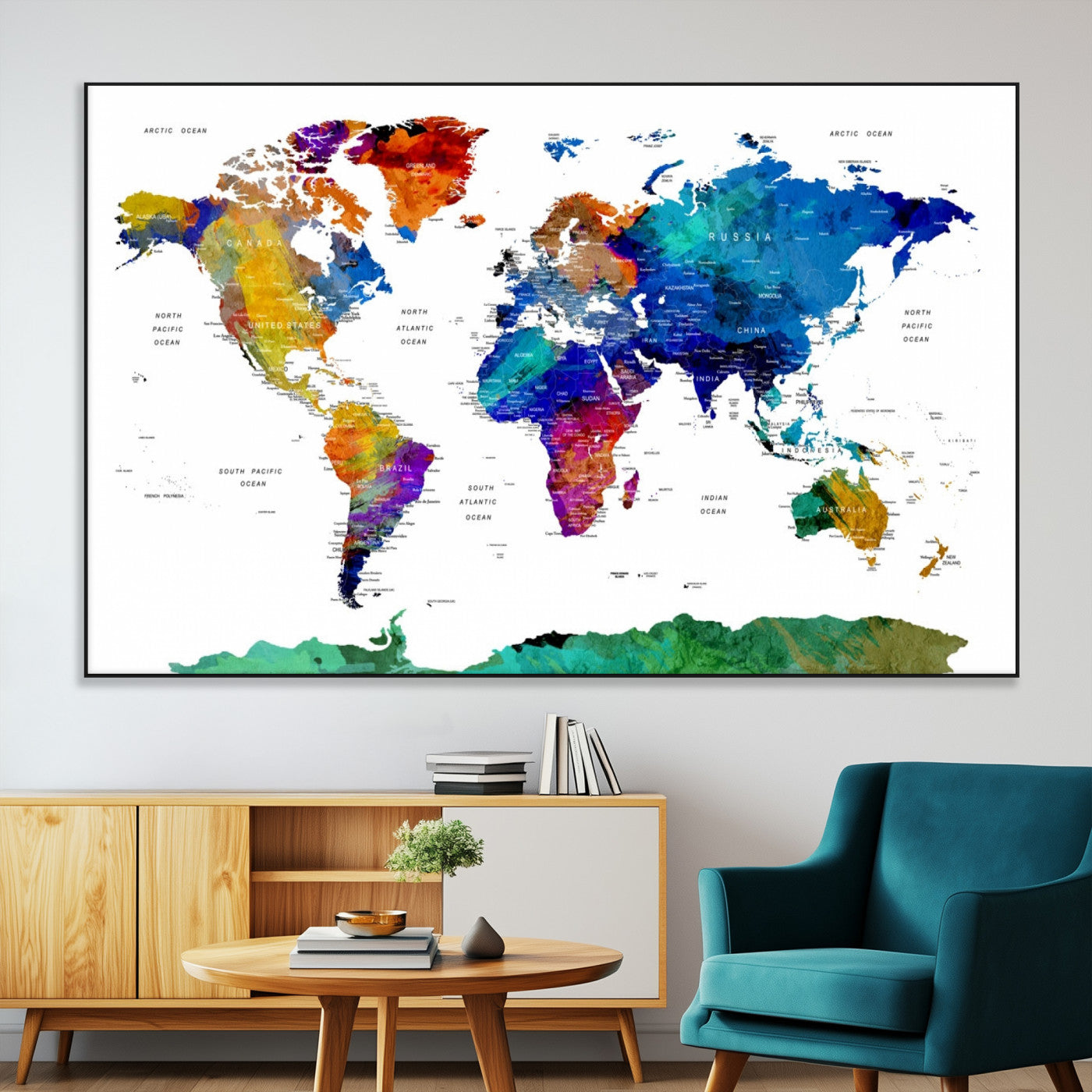 48979-MGV-CV-36X24-Colorful Watercolor World Map Canvas Print – Vibrant Framed Travel Map Wall Art, Modern Decor for Living Room or Office