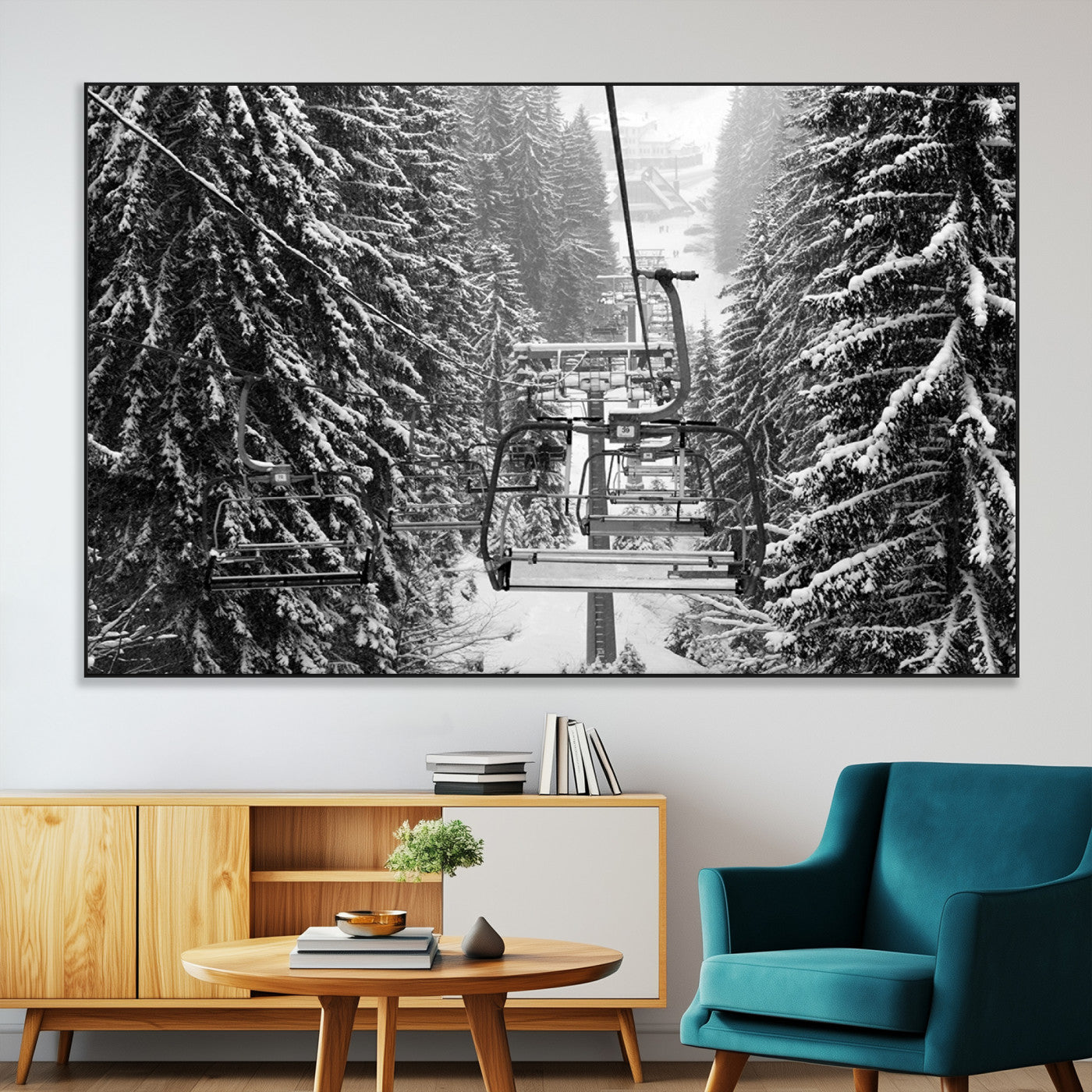 19240-MGV-CV-36X24-Winter Ski Lift Black and White Canvas Wall Art – Alpine Escape in Minimalist Style – Winter Ski