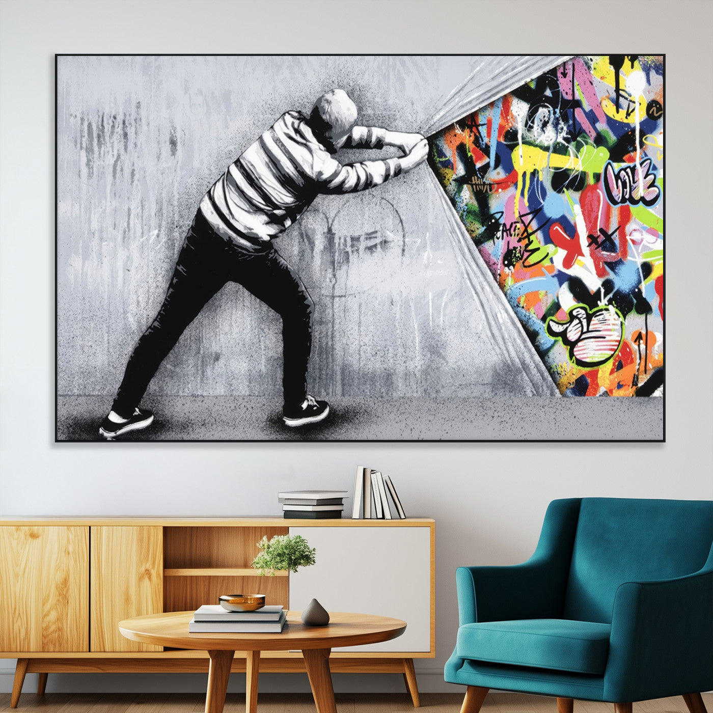 52252-MGV-CV-36X24-Banksy Art Behind the Curtain Street Wall Art Canvas Print | 3-Panel Urban Graffiti-Inspired Wall