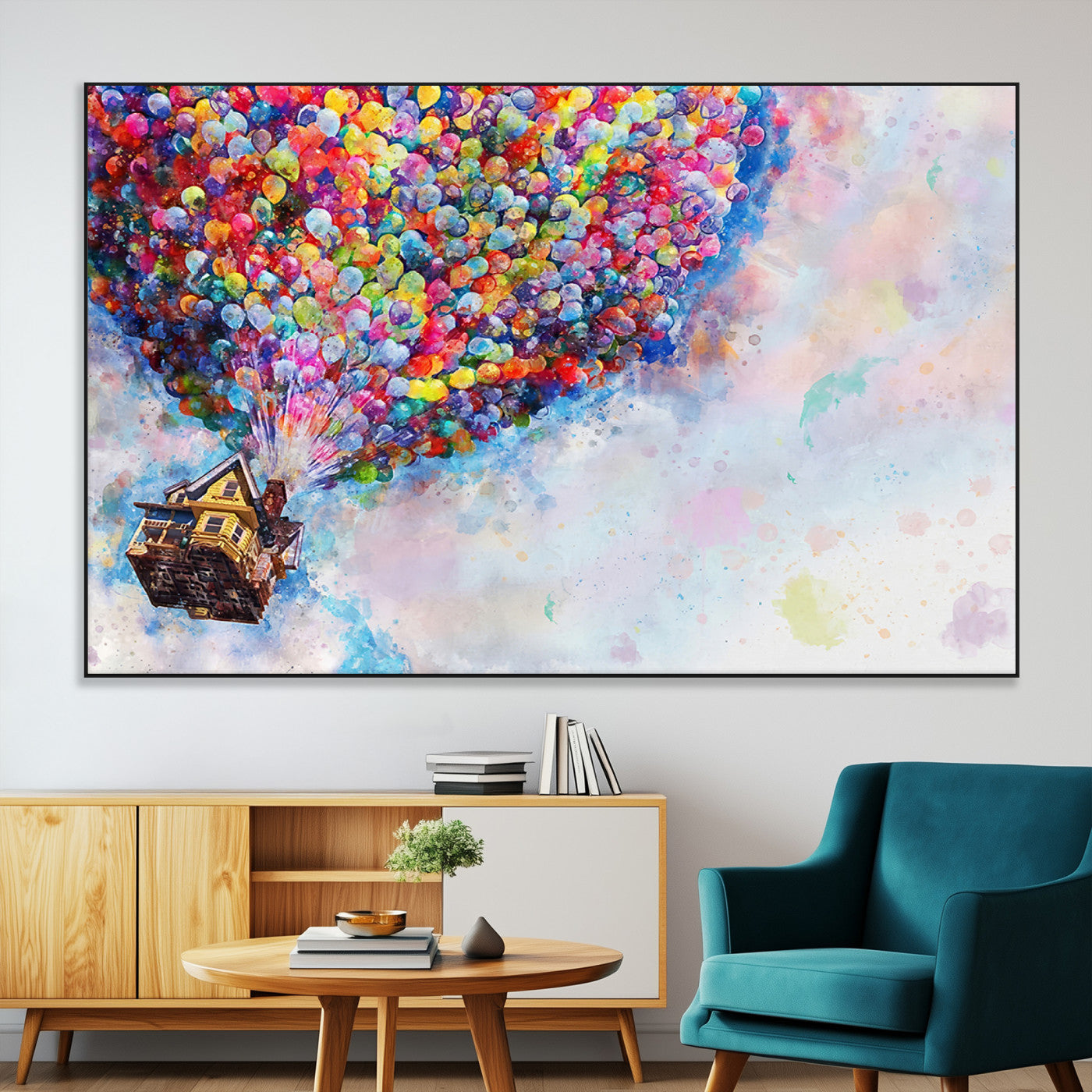 29167-MGV-CV-36X24-Don't Look Up Movie Canvas Wall Art - Vibrant Floating House and Balloons Scene, Tribute to Iconic