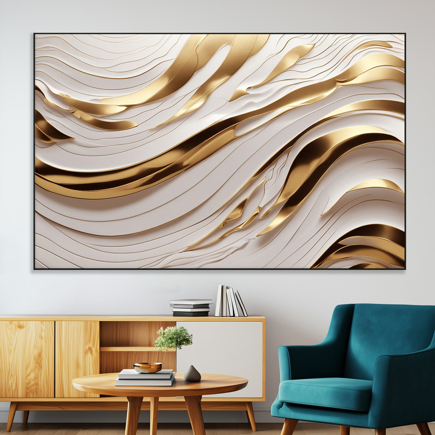 81197-MGV-CV-36X24-Gold and White Abstract Wave Canvas – Elegant Flowing Design with Luxurious Golden Accents –