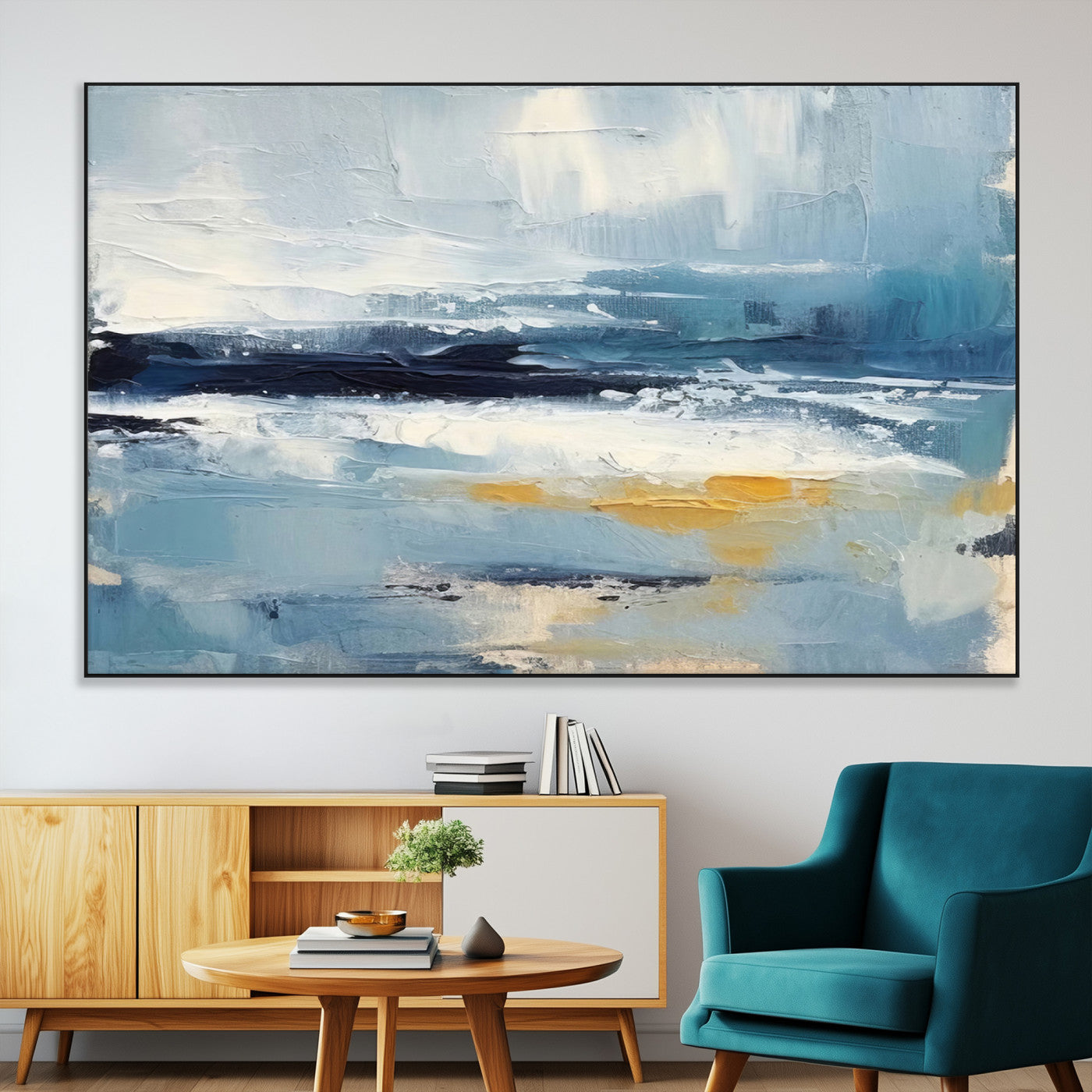 19746-MGV-CV-36X24-Abstract Ocean Canvas Wall Art - Coastal Blue and Gold Textured Painting, Modern Seascape Decor for