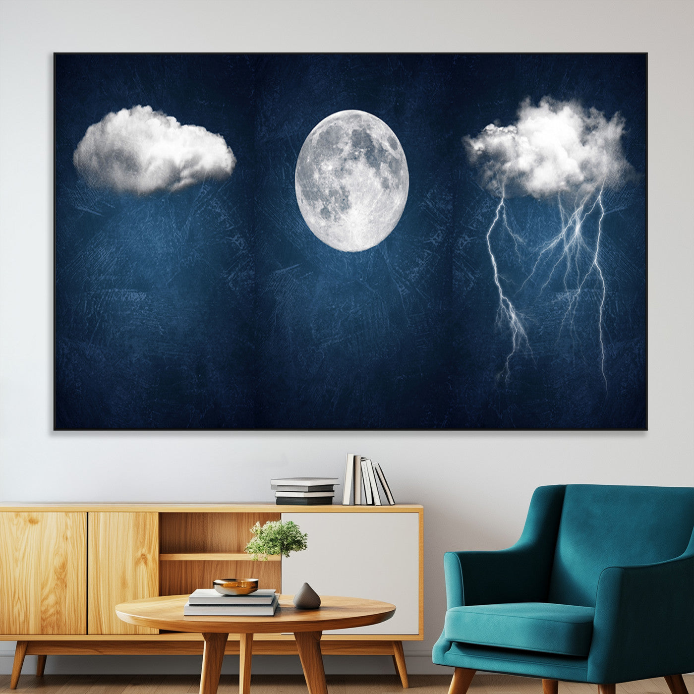 96569-MGV-CV-36X24-Dark Blue Cloud Art, 3 Piece Indigo Blue Wall Art, Aesthetic Surreal Art, Thunderstorm Moon Cloud