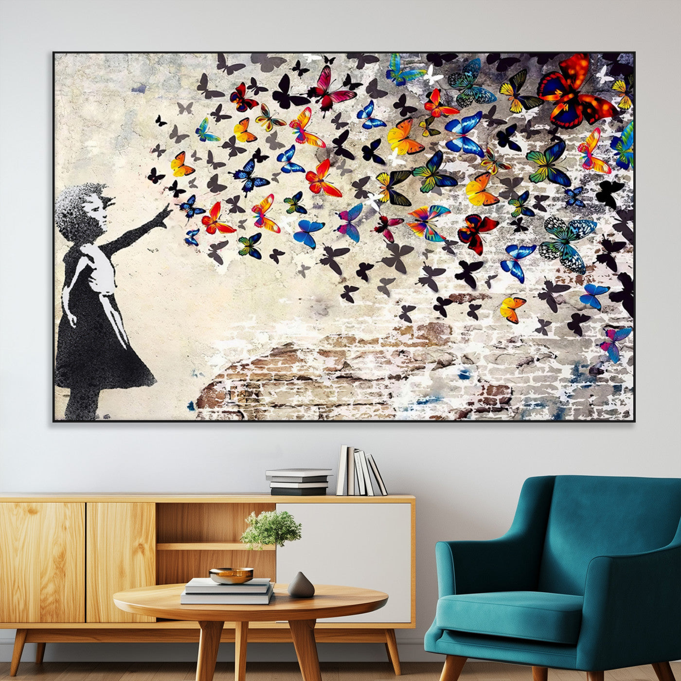 97895-MGV-CV-36X24-Banksy Graffiti Wall Art Canvas Print: Girl Releasing Vibrant Butterflies – Ready to Hang
