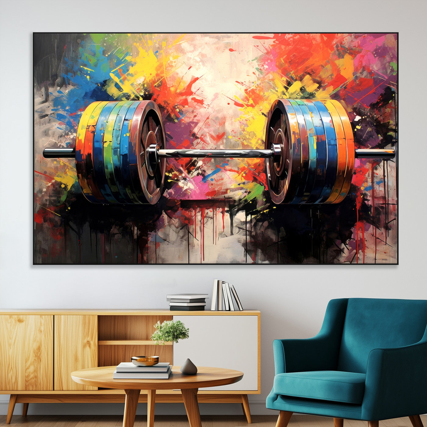 80436-MGV-CV-36X24-Weightlifting Barbell Art Triptych, Bold Abstract Fitness Wall Decor for Gym or Home, Giclee Canvas