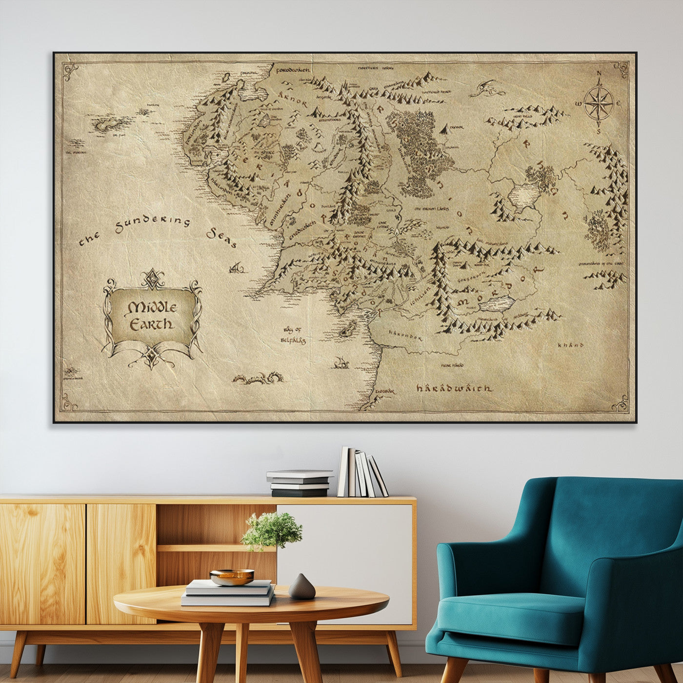 21784-MGV-CV-36X24-Vintage Middle Earth Map Wall Art Canvas – Lord of the Rings Inspired Framed Map Print, Classic Fantasy Decor for Home, Office
