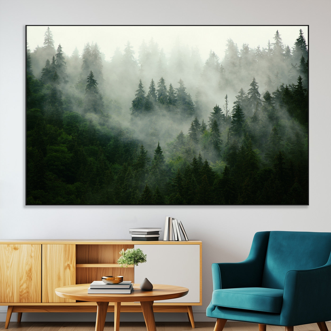 167720496-MGV-CV-36X24-Misty Forest Wall Art – Tranquil Green Woodland Canvas Print, Nature Landscape Decor for Living Room, Bedroom or Office