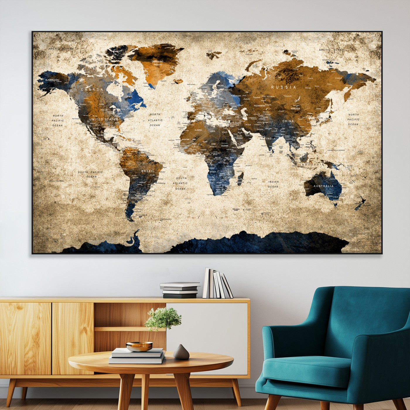 51140-MGV-CV-36X24-World Map Wall Art – Rustic Earth Tone Canvas Print, Antique Travel Map Design for Living Room, Office or Study, Classic Adventure Decor