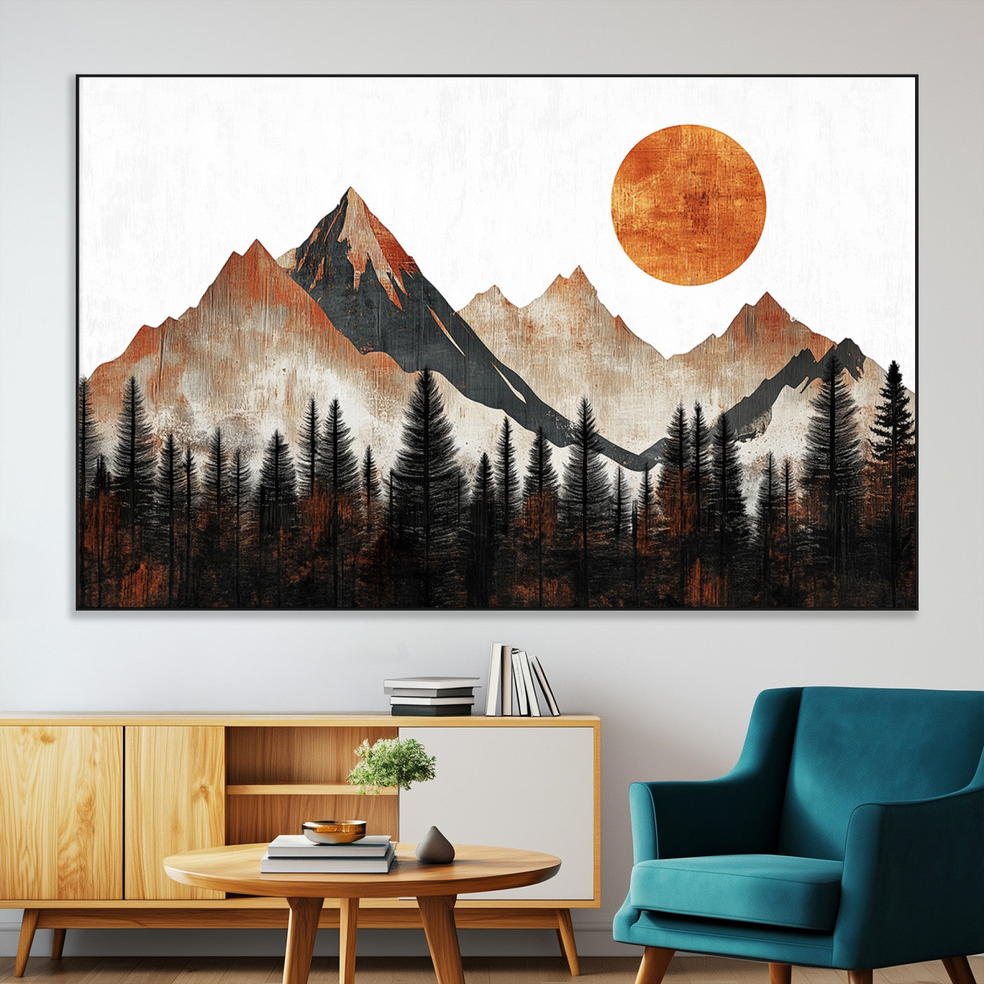 71366-MGV-CV-36X24-Modern Abstract Mountain Canvas Wall Art Print, Abstract Landscape Print, Rustic Sun and Mountains