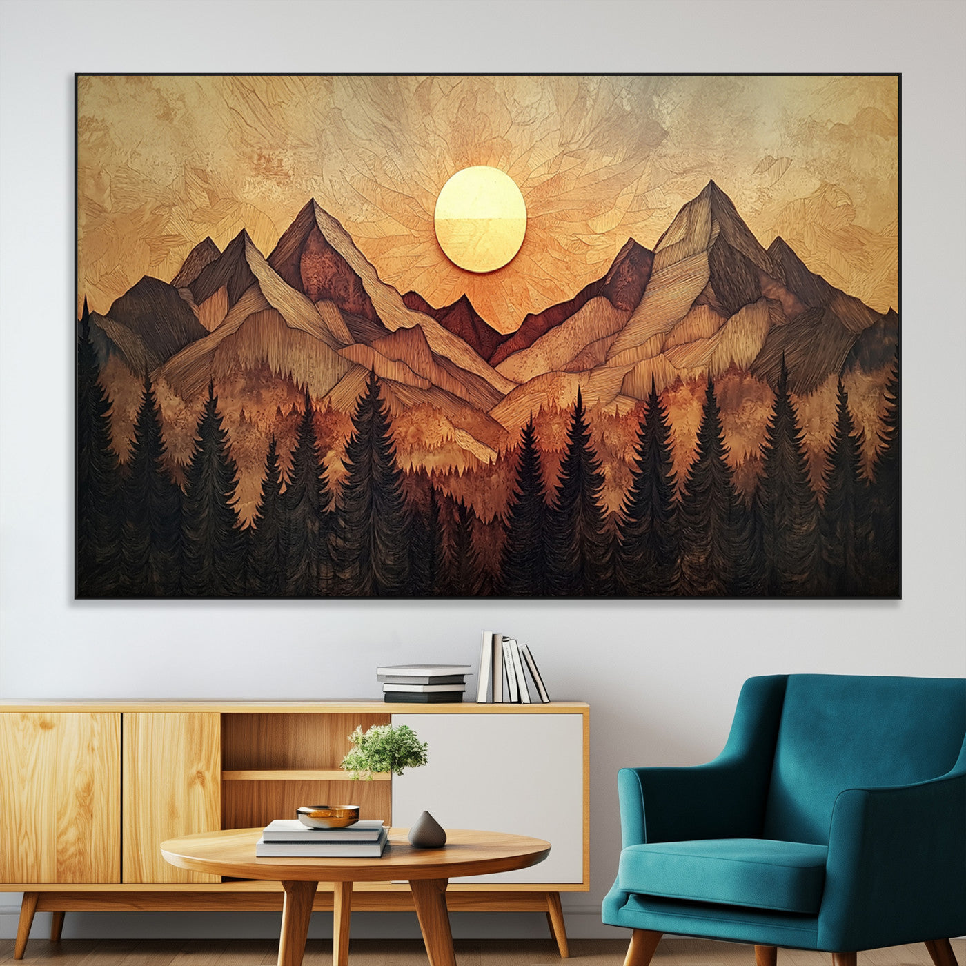 71340-MGV-CV-36X24-Wood Style Abstract Mountain Sunset Canvas Wall Art Print - Warm Earth Nature-Inspired Decor for