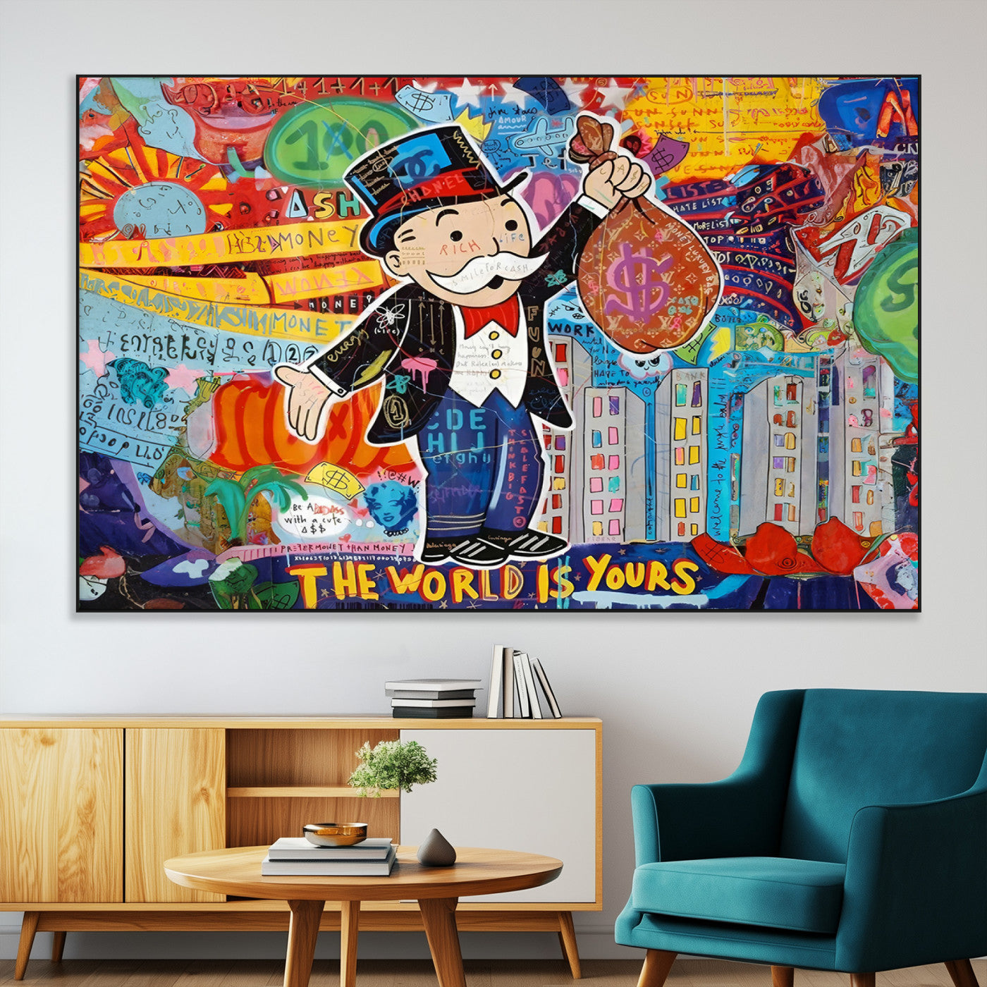 96320-MGV-CV-36X24-Pop Art Monopoly Man Canvas Wall Art Print - Bold and Colorful Street Art-Inspired Decor for Living