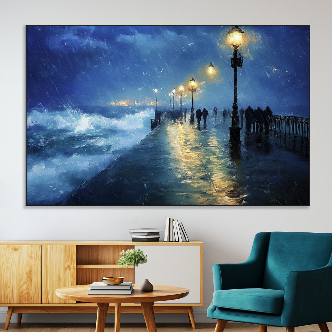 94571-MGV-CV-36X24-Storm Ocean Pier Canvas Wall Art Print - Large Moody Night Scene Print, Seaside Wall Decor