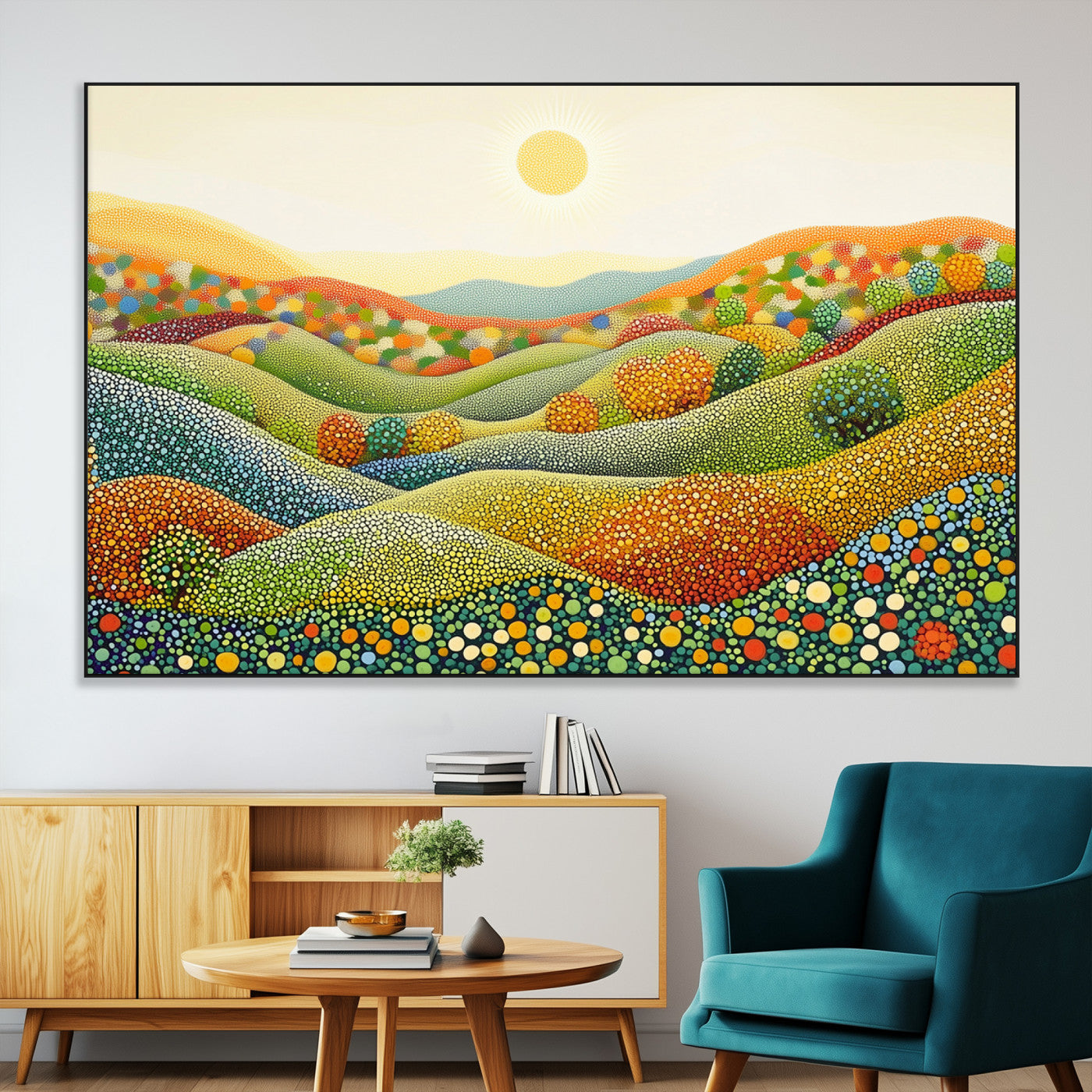 27683-MGV-CV-36X24-YAYOI KUSAMA Colorful Dot Art Landscape Canvas - Framed Abstract Pointillism Inspired by Nature with