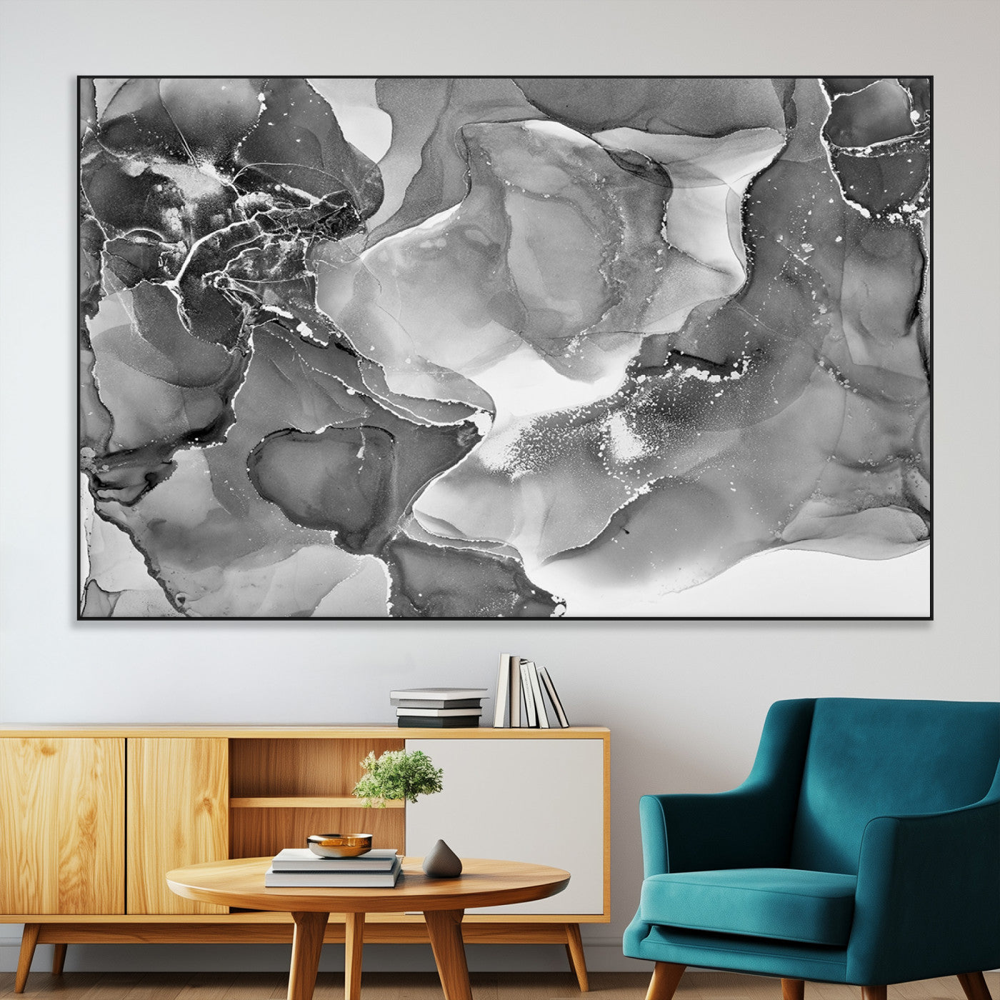 15911-MGV-CV-36X24-Black White Abstract Canvas Wall Art - Fluid Ink Artwork - Modern Luxury Wall Decor for Contemporary