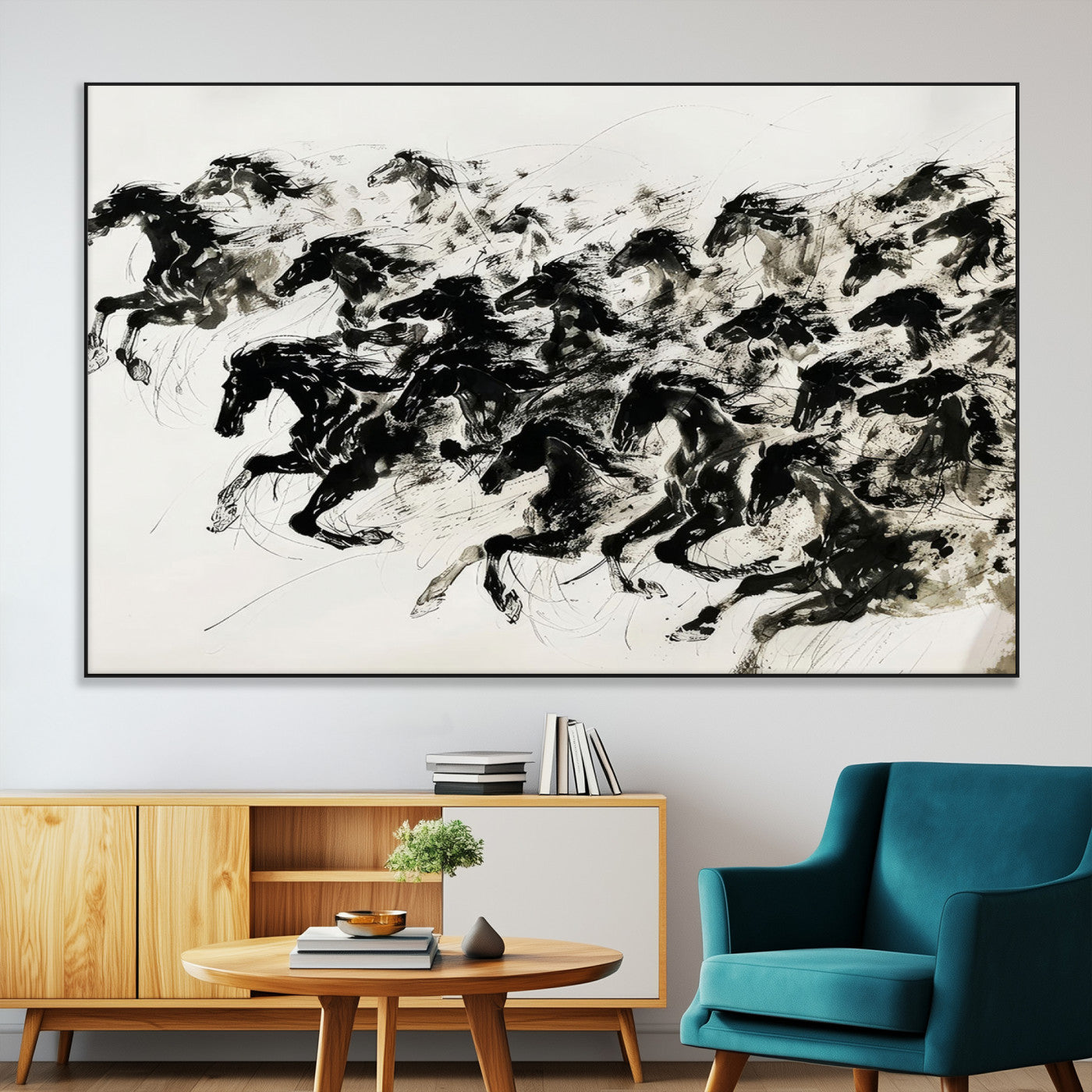 23069-MGV-CV-36X24-Abstract Horse Wall Art Canvas Print - Dynamic Black Ink Horse Print - Modern Equine Wall Decor for