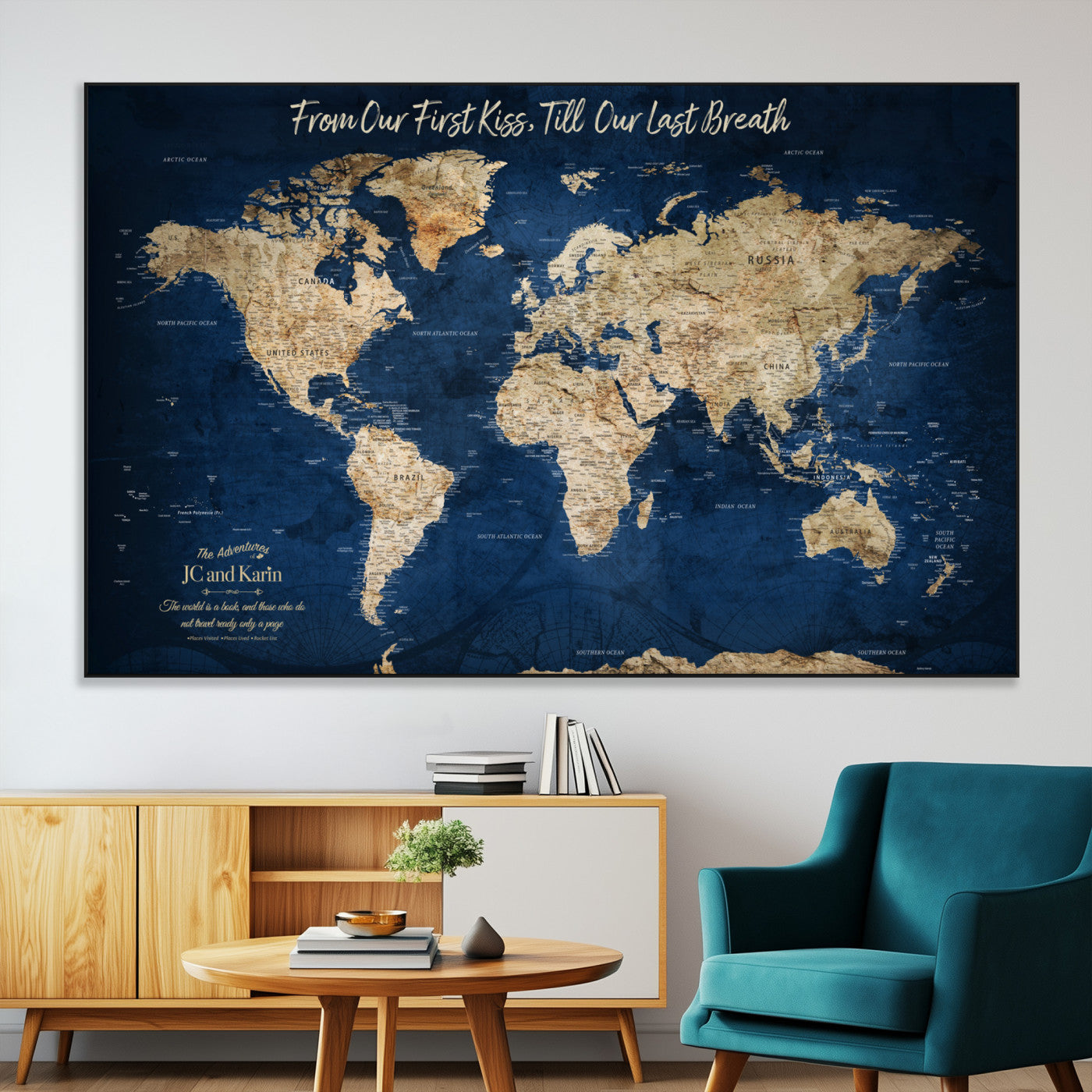 -Personalized Push Pin World Map Canvas Print – Custom Couple Travel Tracker Wall Art, Framed Anniversary Gift for Home Decor