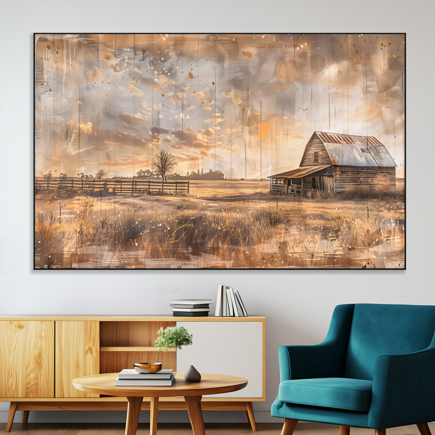 FARM2-MGV-CV-36X24-Rustic Farmhouse Wall Art Canvas Print | Barn and Field Canvas Print | Vintage Country Landscape