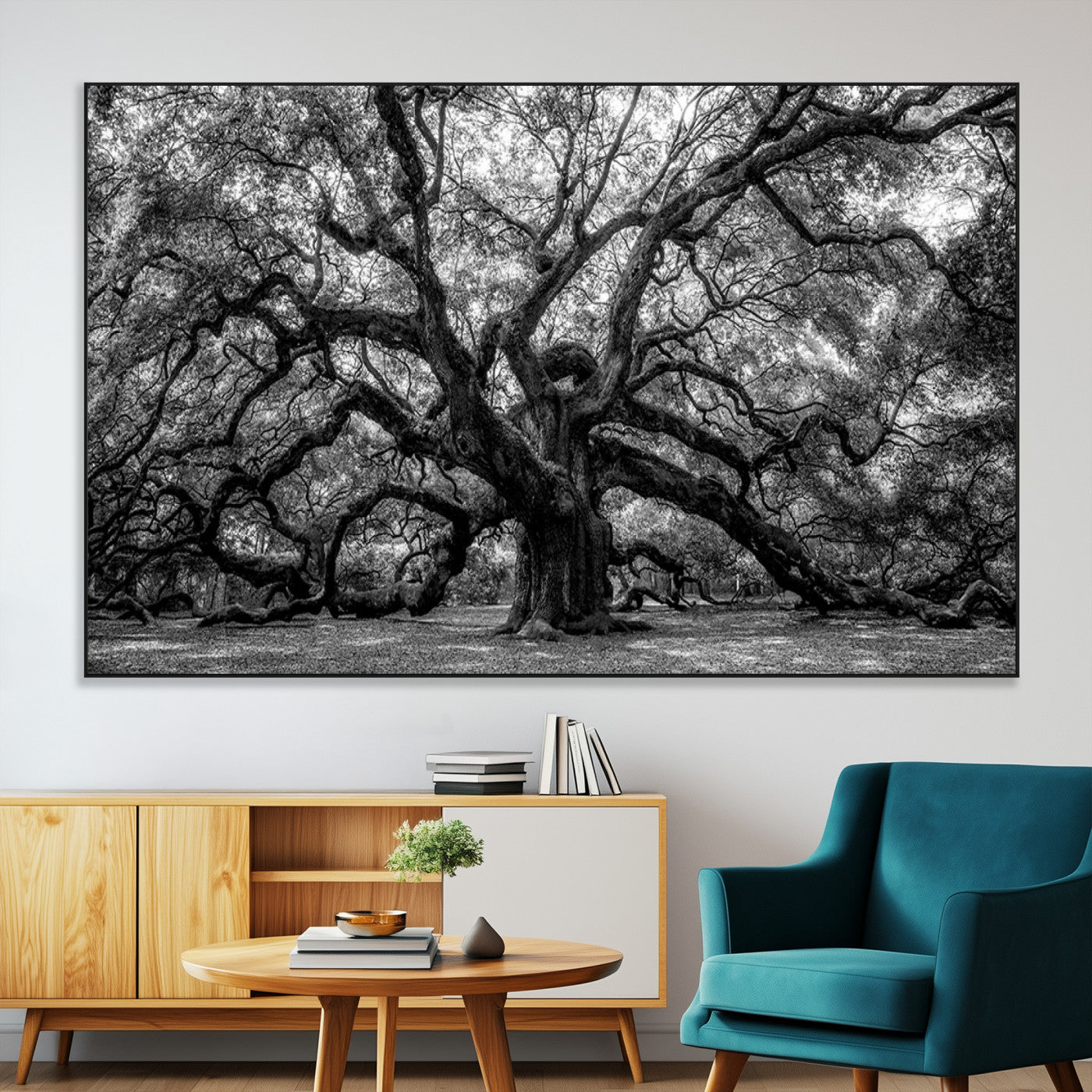 132944706-MGV-CV-36X24-Black and White Old Angel Oak Tree Wall Art Canvas Print