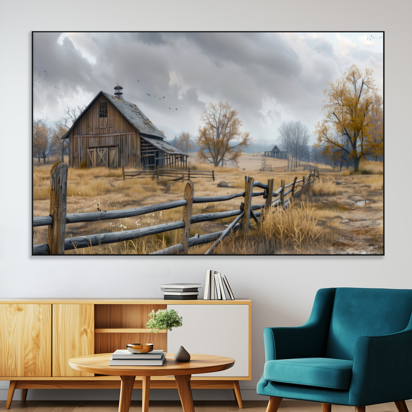 Farm1-MGV-CV-36X24-Rustic Autumn Farmhouse Wall Art Canvas Print – Serene Countryside Scene with Weathered Barn and