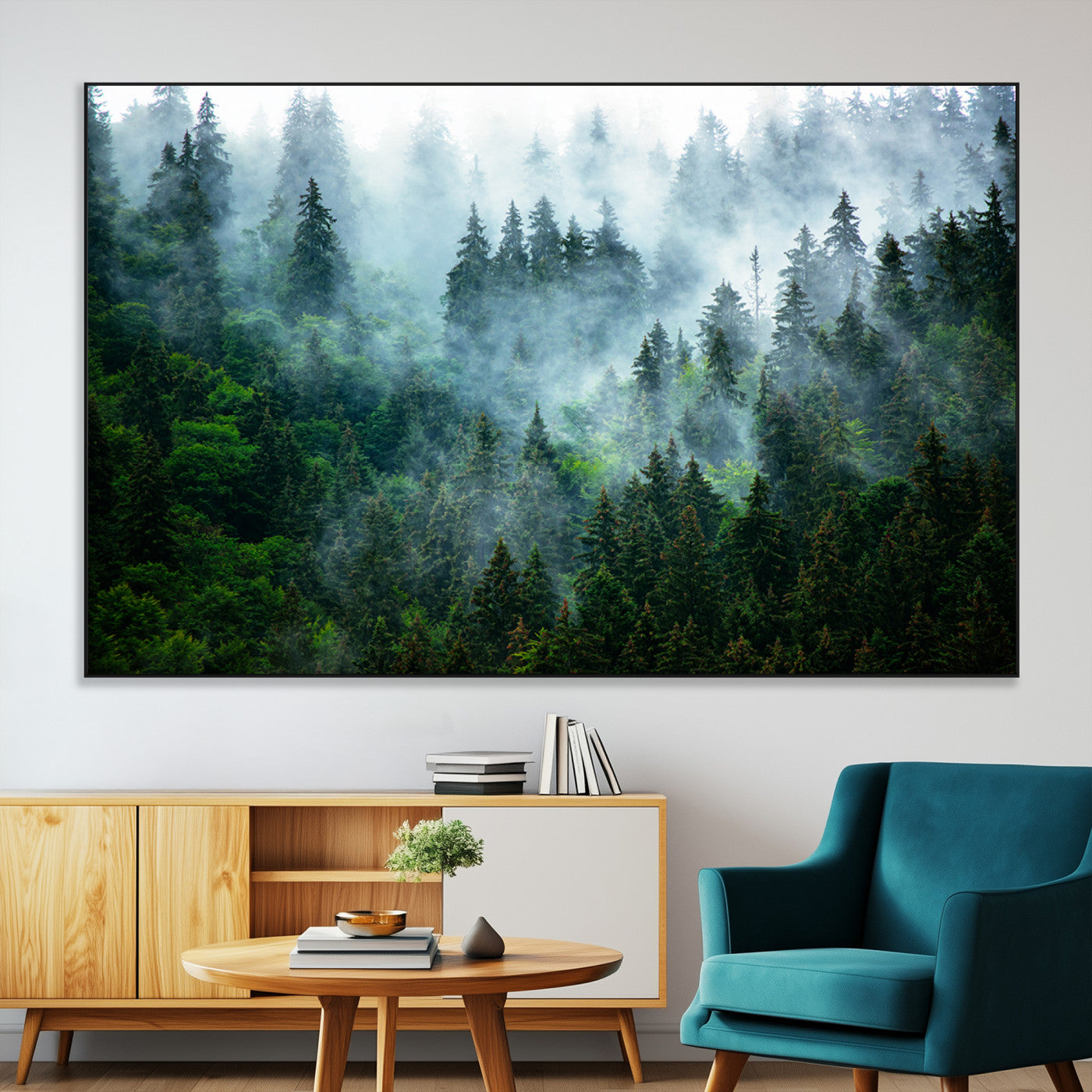17393683-MGV-CV-36X24-Misty Forest Wall Art Canvas Print – Framed Foggy Mountain Scene with Serene Nature Artwork for Home, Office, Living Room