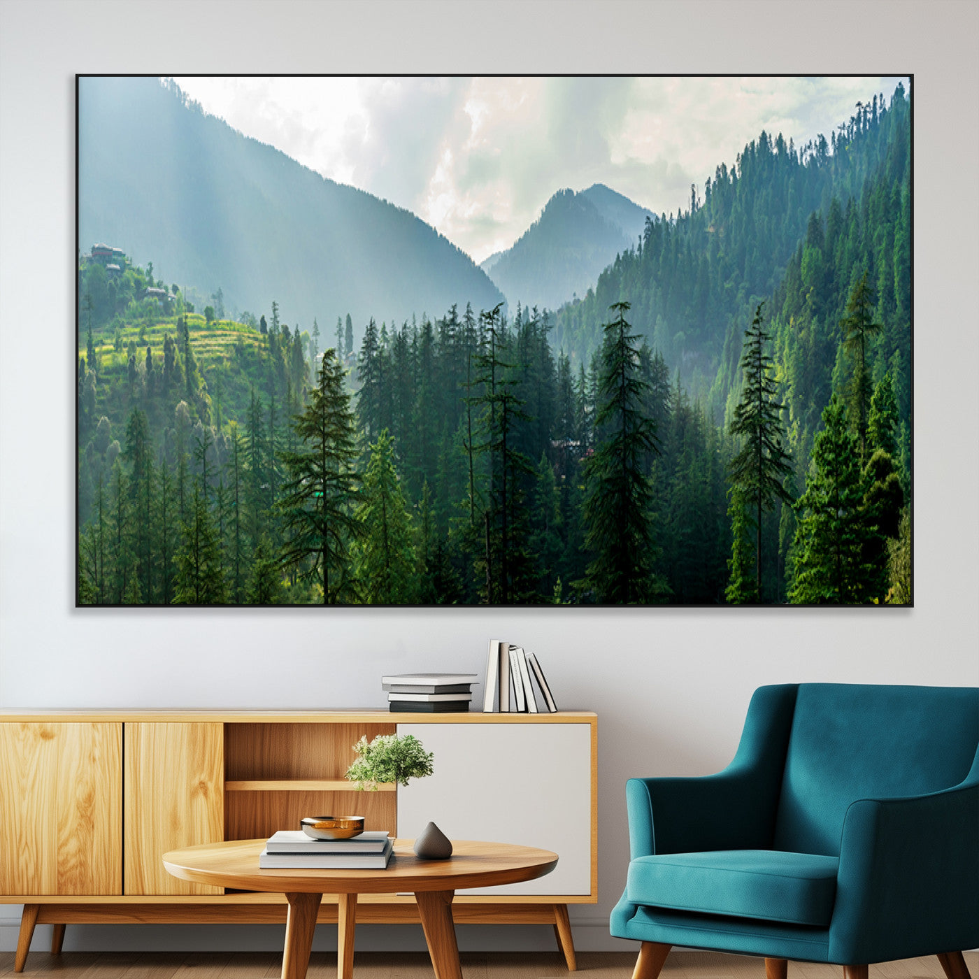 83417191-MGV-CV-36X24-Misty Forest Mountain Wall Art Canvas Print – Framed Serene Nature Scene with Tranquil Valley Artwork for Home, Office