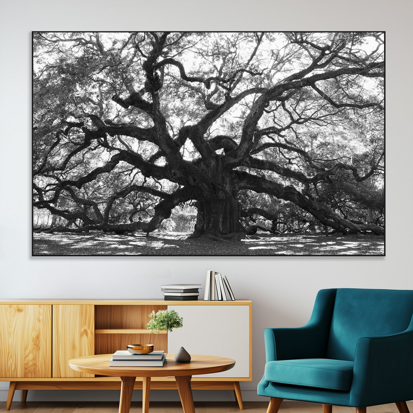 81655611-MGV-CV-36X24-Ancient Oak Wall Art Canvas Print – Gnarled Tree Twisted Branches Dramatic Sky Moody Nature Artwork for Home Office