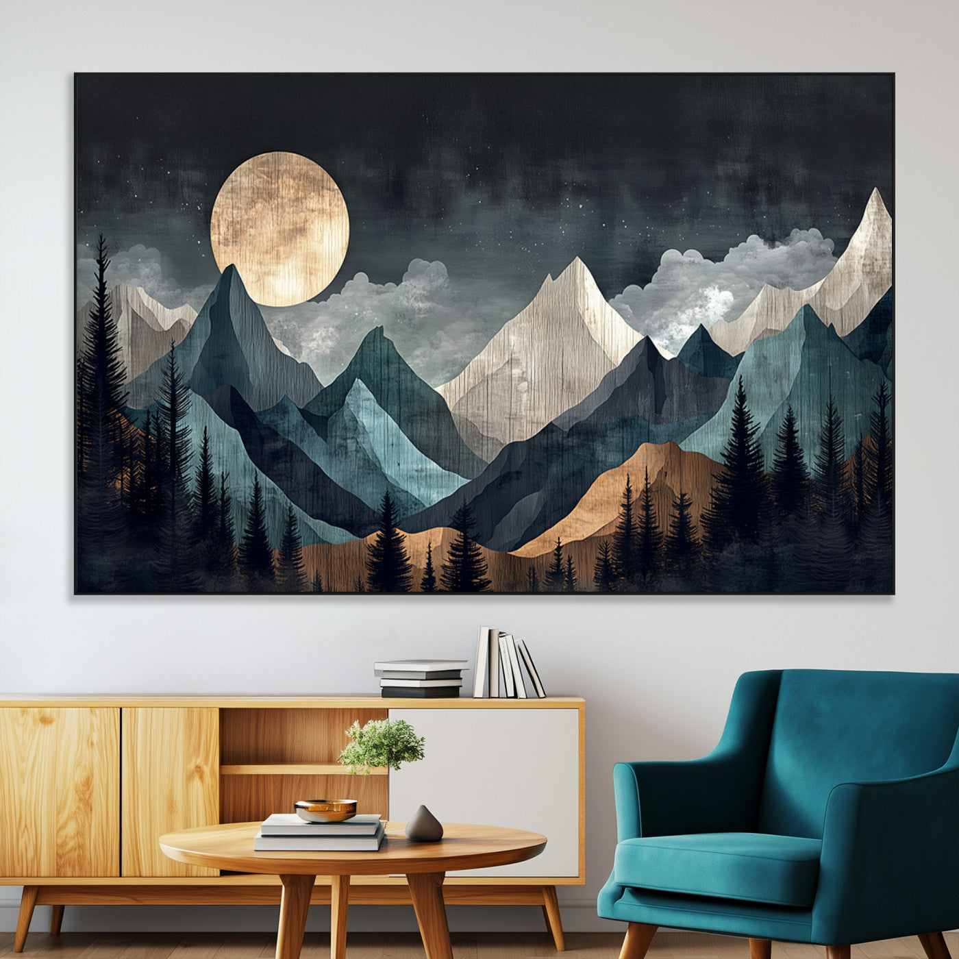 11060882-MGV-CV-36X24-Moonlit Mountain Wall Art Canvas Print – Silhouetted Pines Layered Peaks Tranquil Sky Mist Silver Light Nature Artwork for Home
