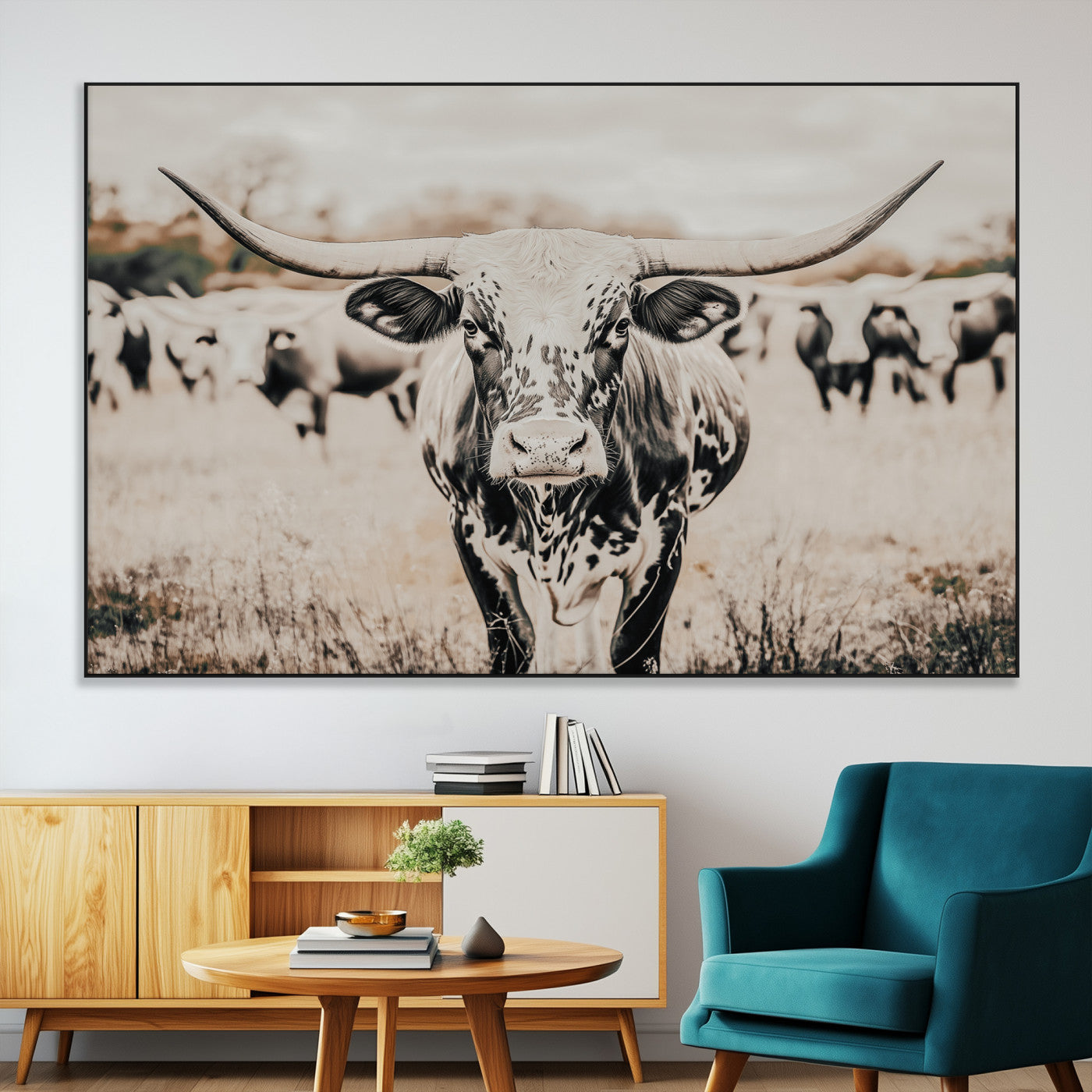 27497342-MGV-CV-36X24-Texas Longhorn Wall Art Canvas Print – Framed Speckled Bull Horned Cattle Rustic Western Artwork for Home Office