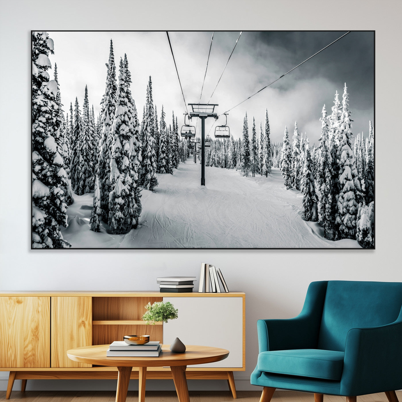 31156828-MGV-CV-36X24-Snowy Pines Wall Art Canvas Print – Framed Ski Lift Winter Forest Snowy Landscape Moody Lodge Artwork for Home, Office