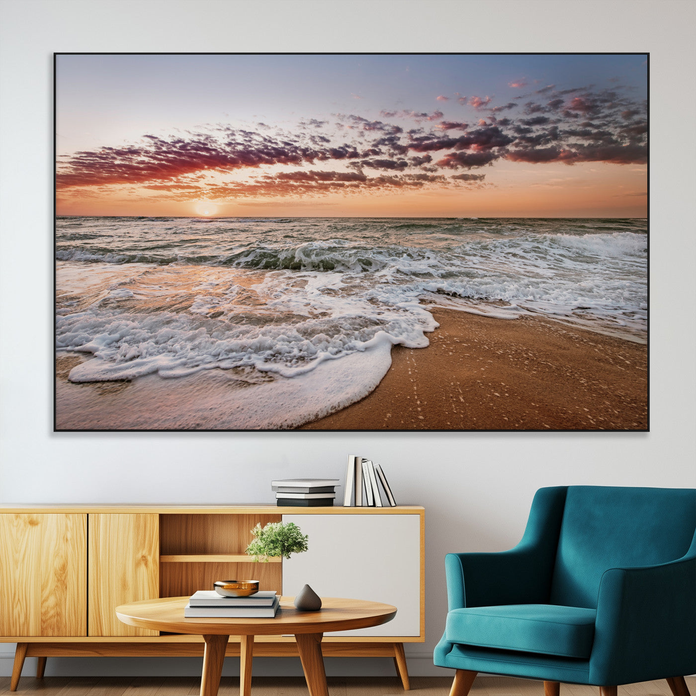 39846389-MGV-CV-36X24-Ocean Sunset Wall Art Canvas Print – Framed Sandy Shore Gentle Waves Coastal Landscape Minimalist Artwork for Home, Office