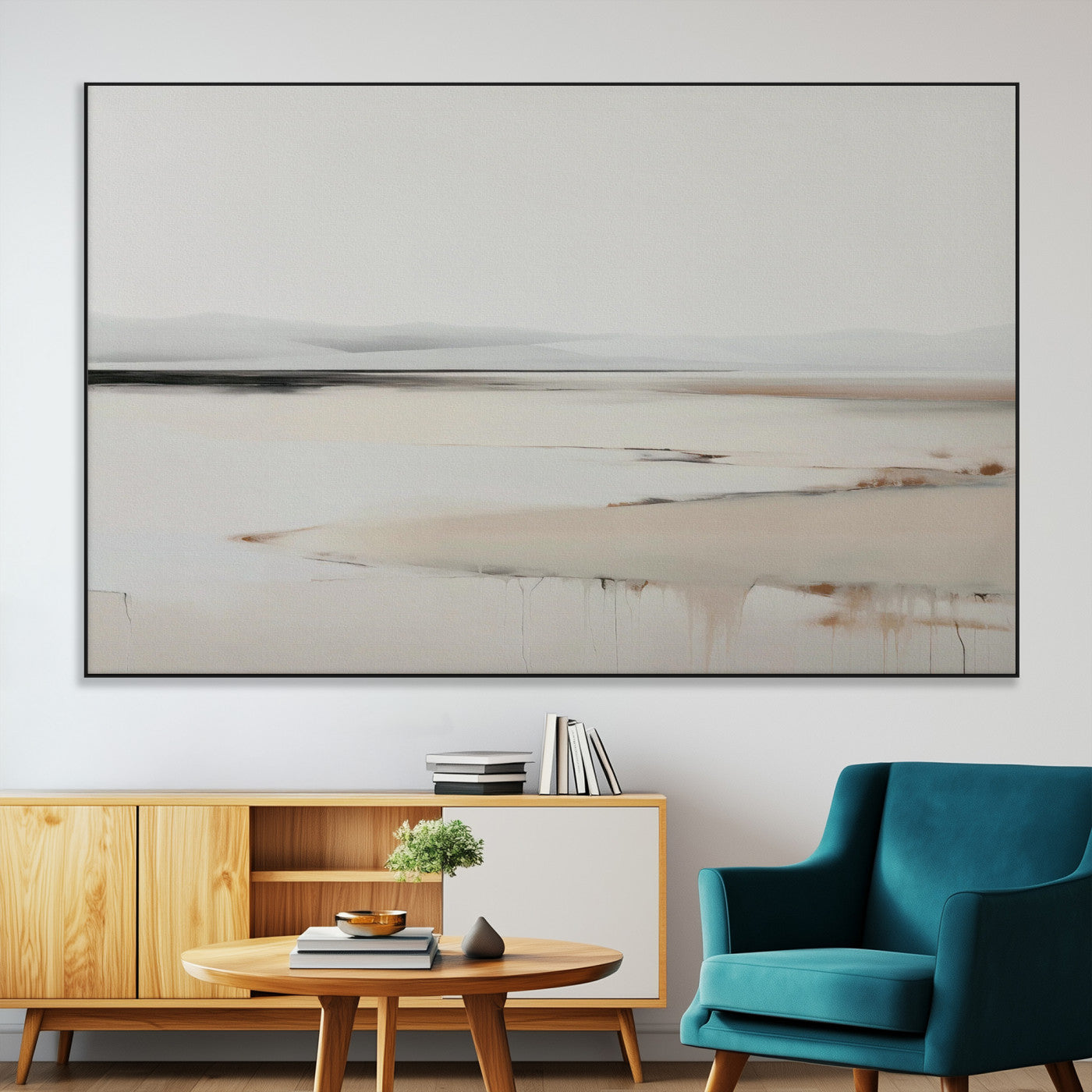 89410095-MGV-CV-36X24-Minimalist Landscape Wall Art Canvas Print – Framed Soft Horizon Abstract Seascape Earthy Tones Artwork for Home Office