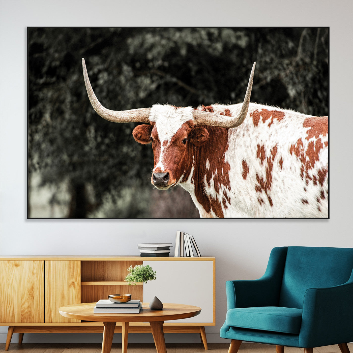 54027638-MGV-CV-36X24-Texas Longhorn Wall Art Canvas Print – Framed Spotted Bull Horned Cattle Rustic Western Decor Artwork for Home, Office