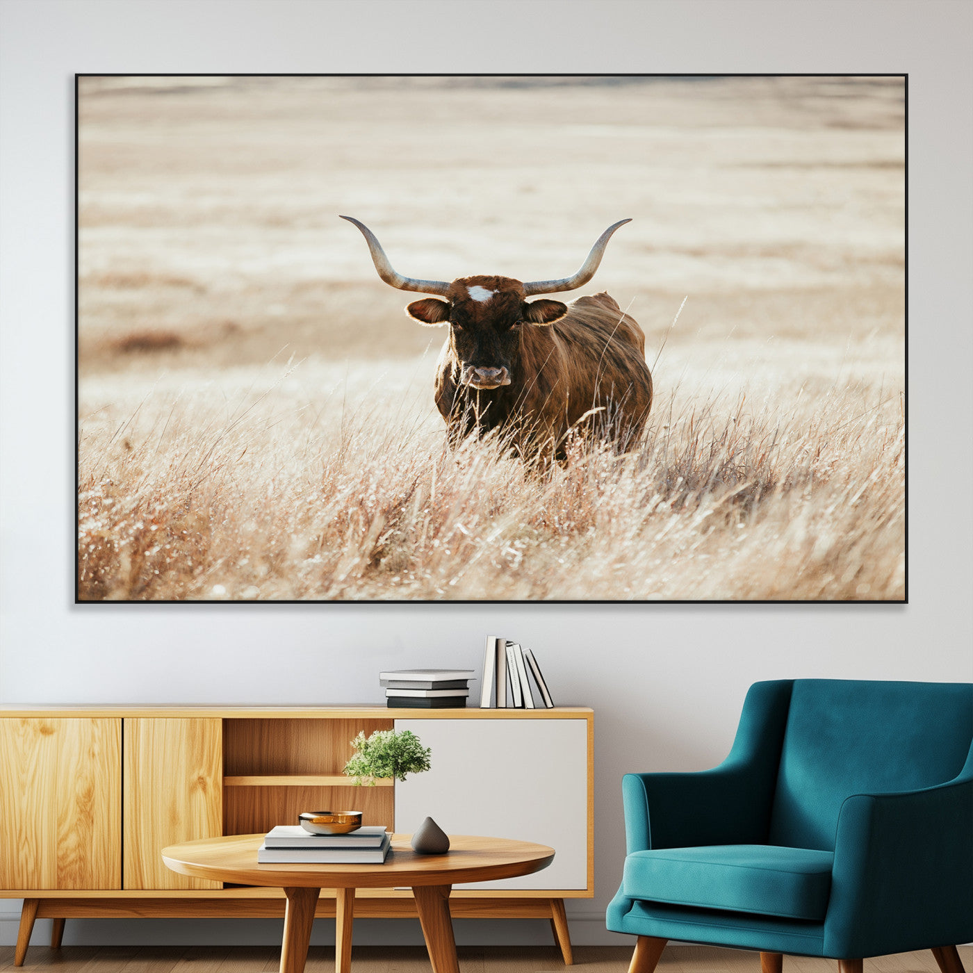 15937933-MGV-CV-36X24-Texas Longhorn Wall Art Canvas Print – Framed Brown Horned Bull Rustic Western Cattle Artwork for Home, Office