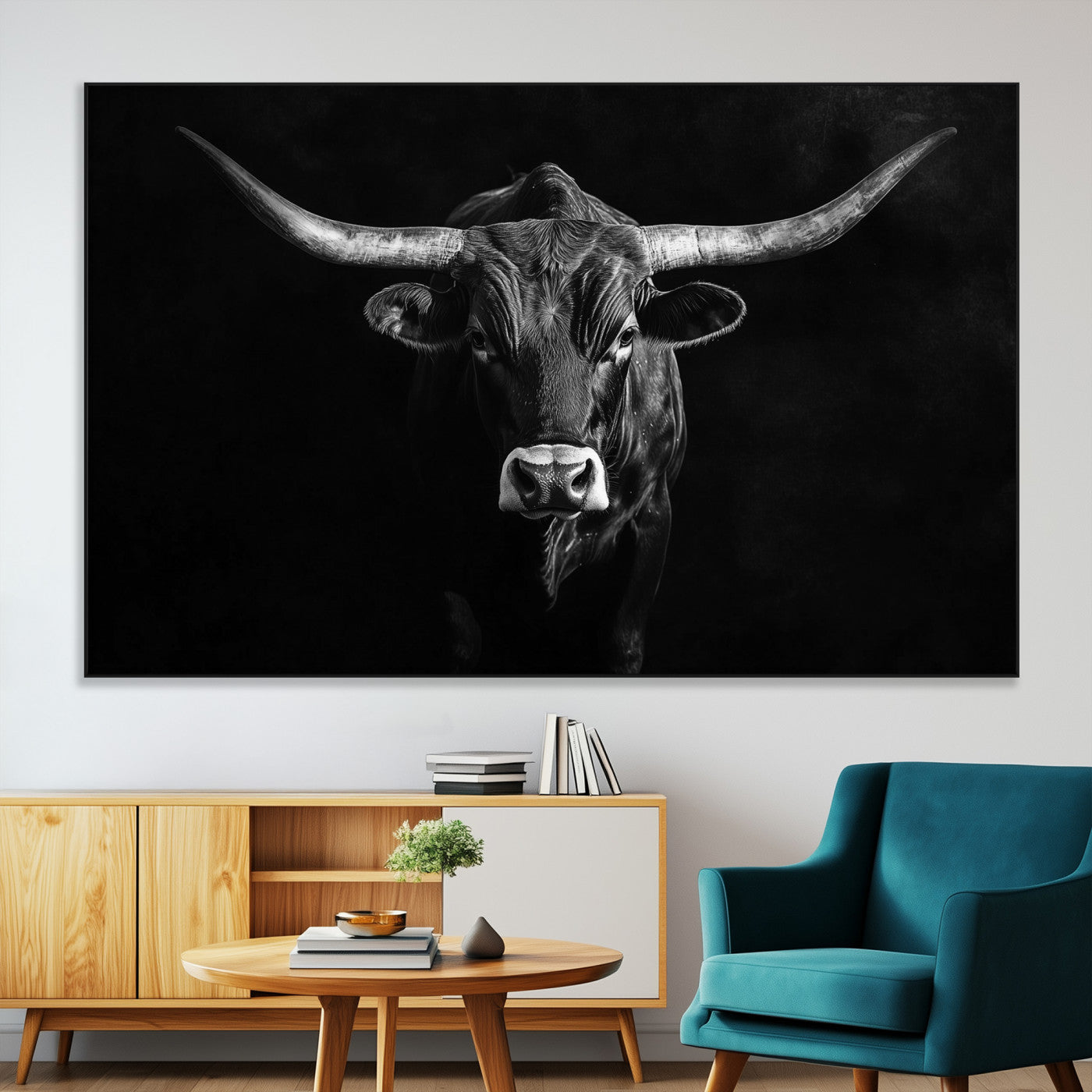 42077175-MGV-CV-36X24-Texas Longhorn Wall Art Canvas Print – Framed Monochrome Horned Bull Rustic Western Cattle Artwork for Home, Office