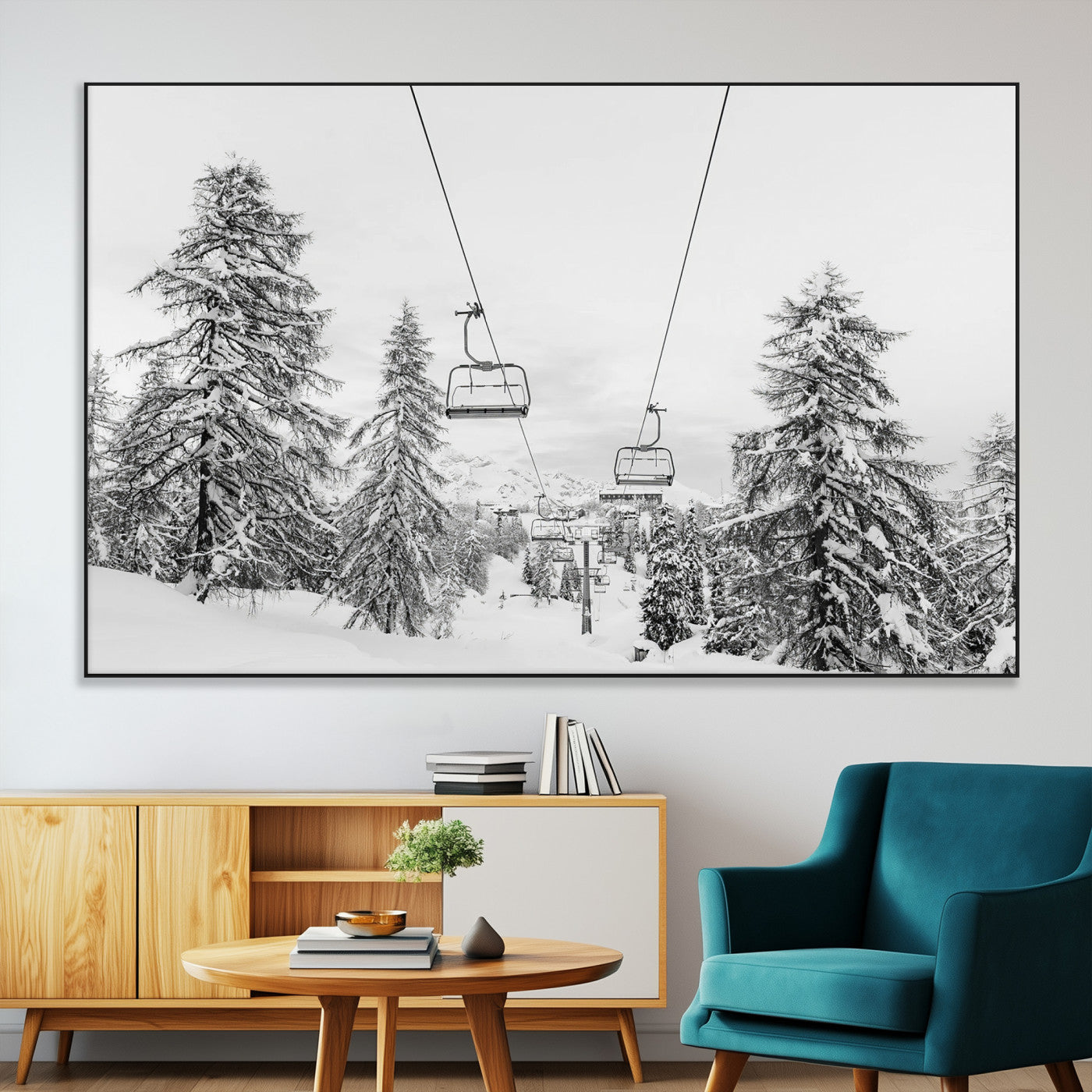 55003599-MGV-CV-36X24-Ski Lift Wall Art – Framed Snowy Mountain Canvas Artwork, Winter Forest Design, Minimal Nature Decor for Home, Office
