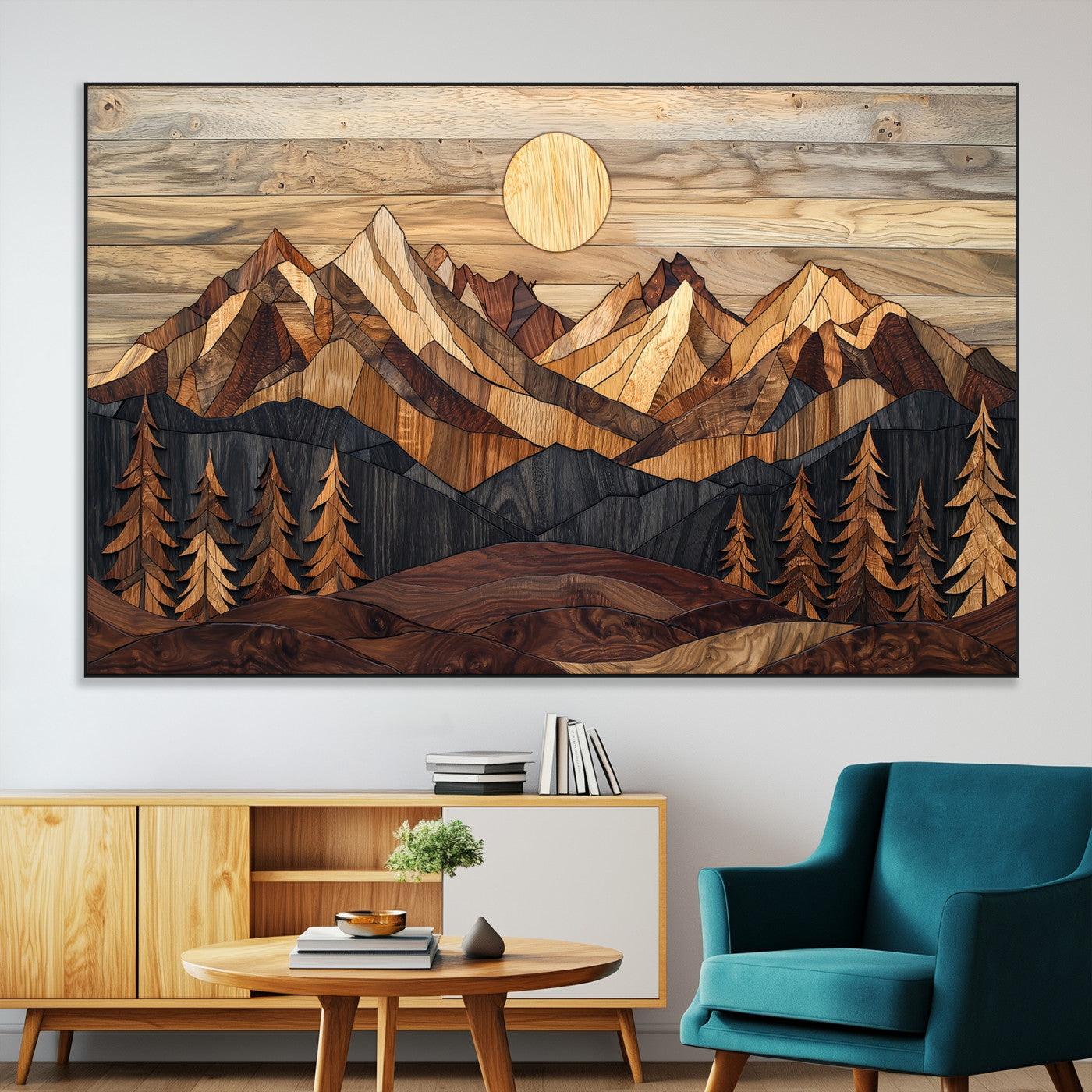 -Wood Mountain Landscape Wall Art Canvas Print, Framed Sunset Hills Art Picture Print, Abstract Nature Perfect Boho Decor Artwork