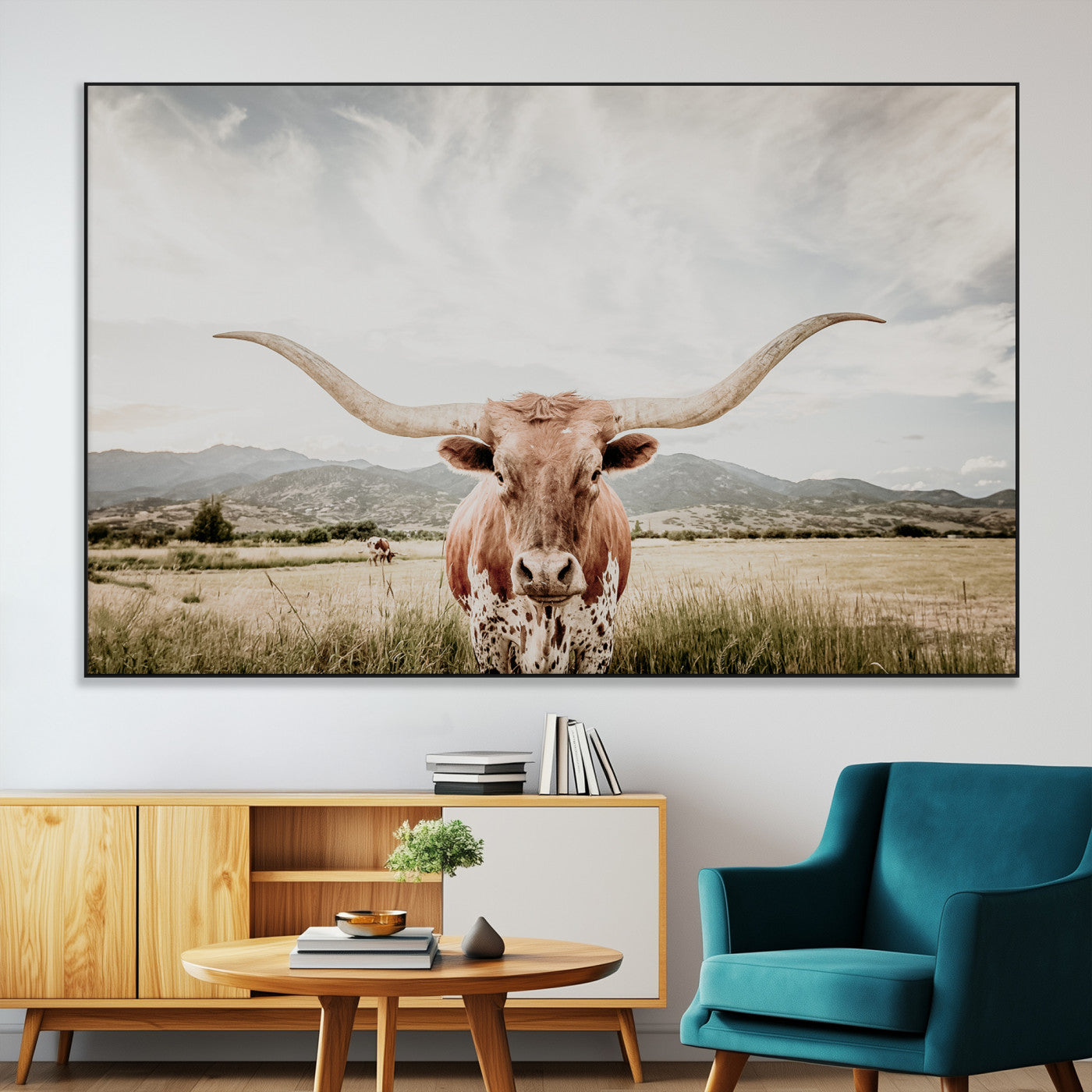 80054319-MGV-CV-36X24-Texas Longhorn Wall Art Canvas Print – Framed Western Cow Scene with Rustic Farmhouse Artwork for Home, Office