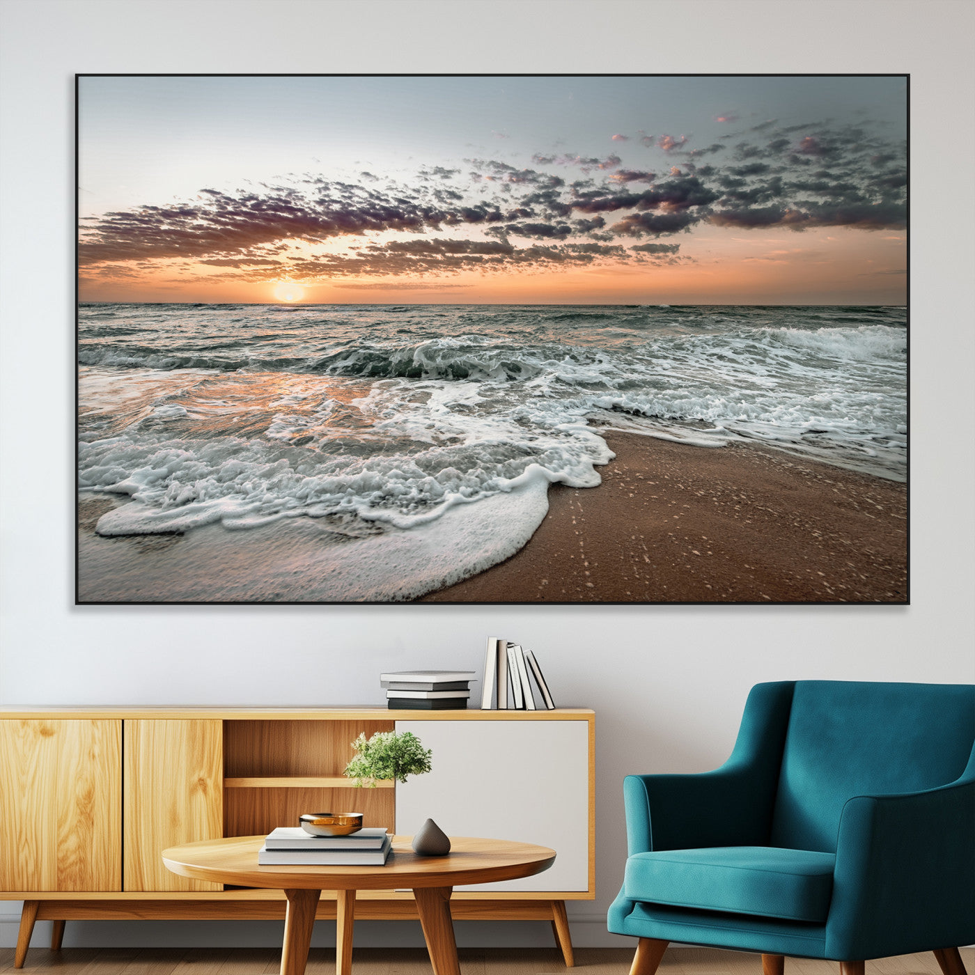 40632752-MGV-CV-36X24-Ocean Sunset Wall Art Canvas Print – Framed Beach Waves Scene with Coastal Artwork for Home, Office, Living Room