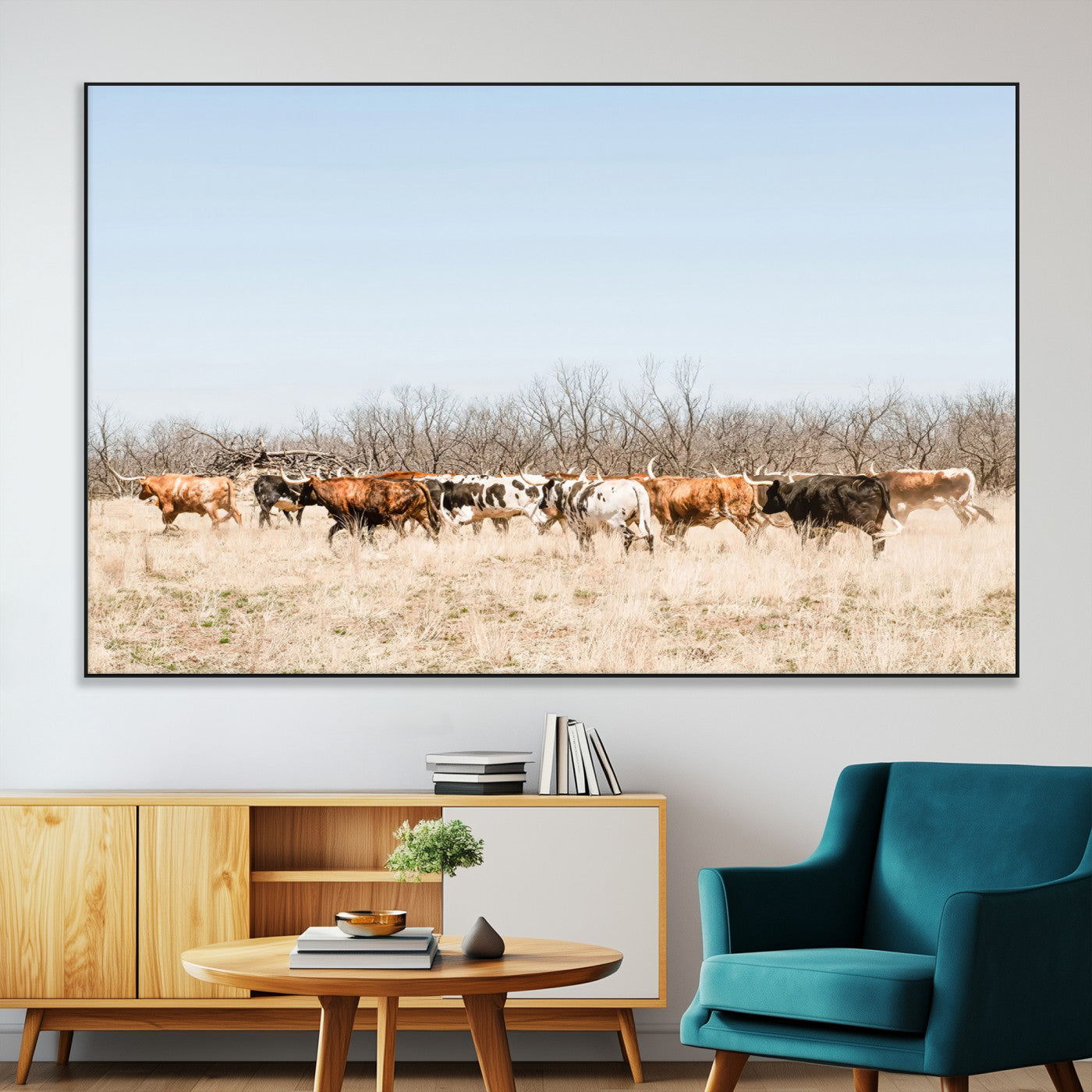 16563092-MGV-CV-36X24-Texas Longhorns Wall Art Canvas Print – Framed Western Cattle Rustic Herd Farmhouse Country Animal Artwork for Home Office