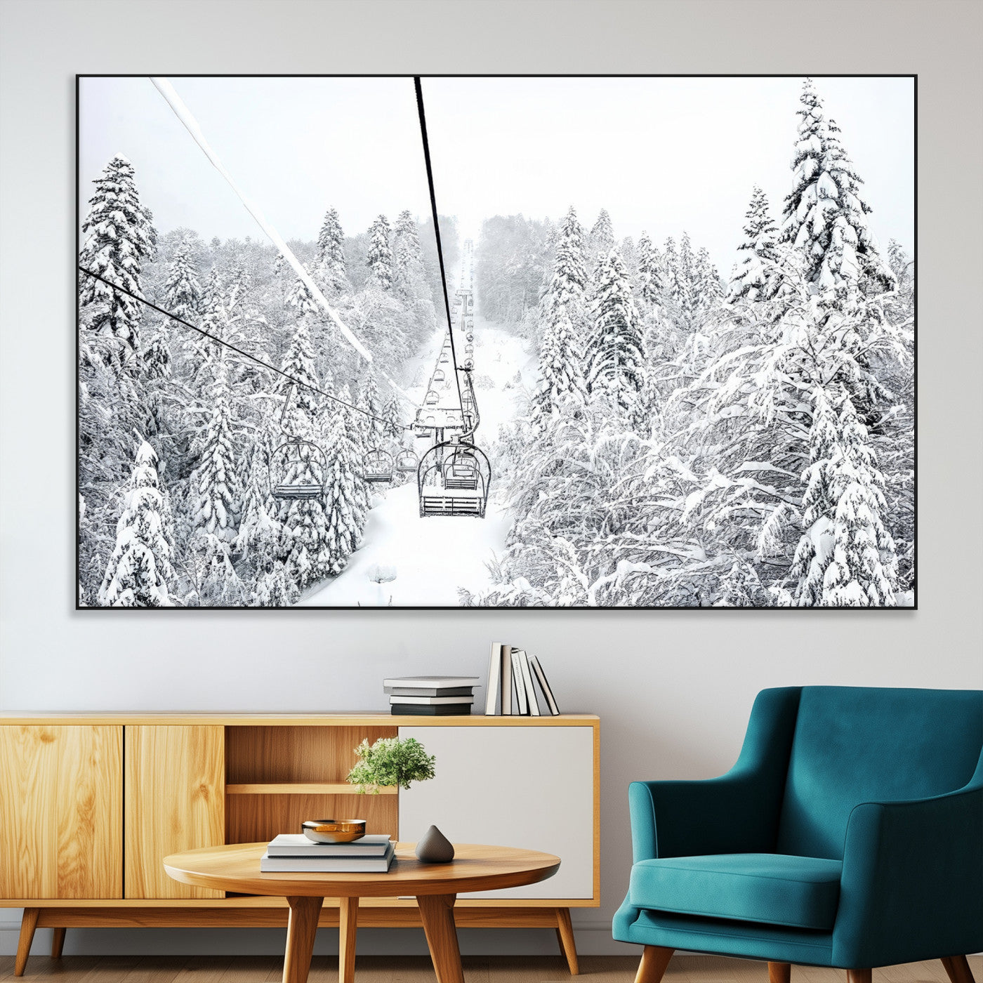 44705668-MGV-CV-36X24-Snowy Ski Lift Wall Art – Framed Winter Mountain Canvas Artwork, Serene Forest Design, Modern Nature Decor for Home, Office