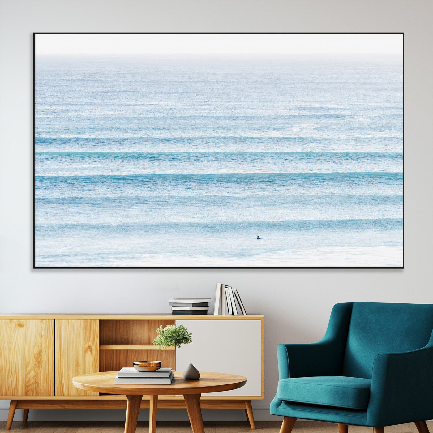 SEG-FC-51X34_Oversize - Ocean Simplicity Wall Art Canvas Print, Framed Surfer on Water Art Picture Print, Light Blue Perfect Coastal Minimalist Decor Artwork