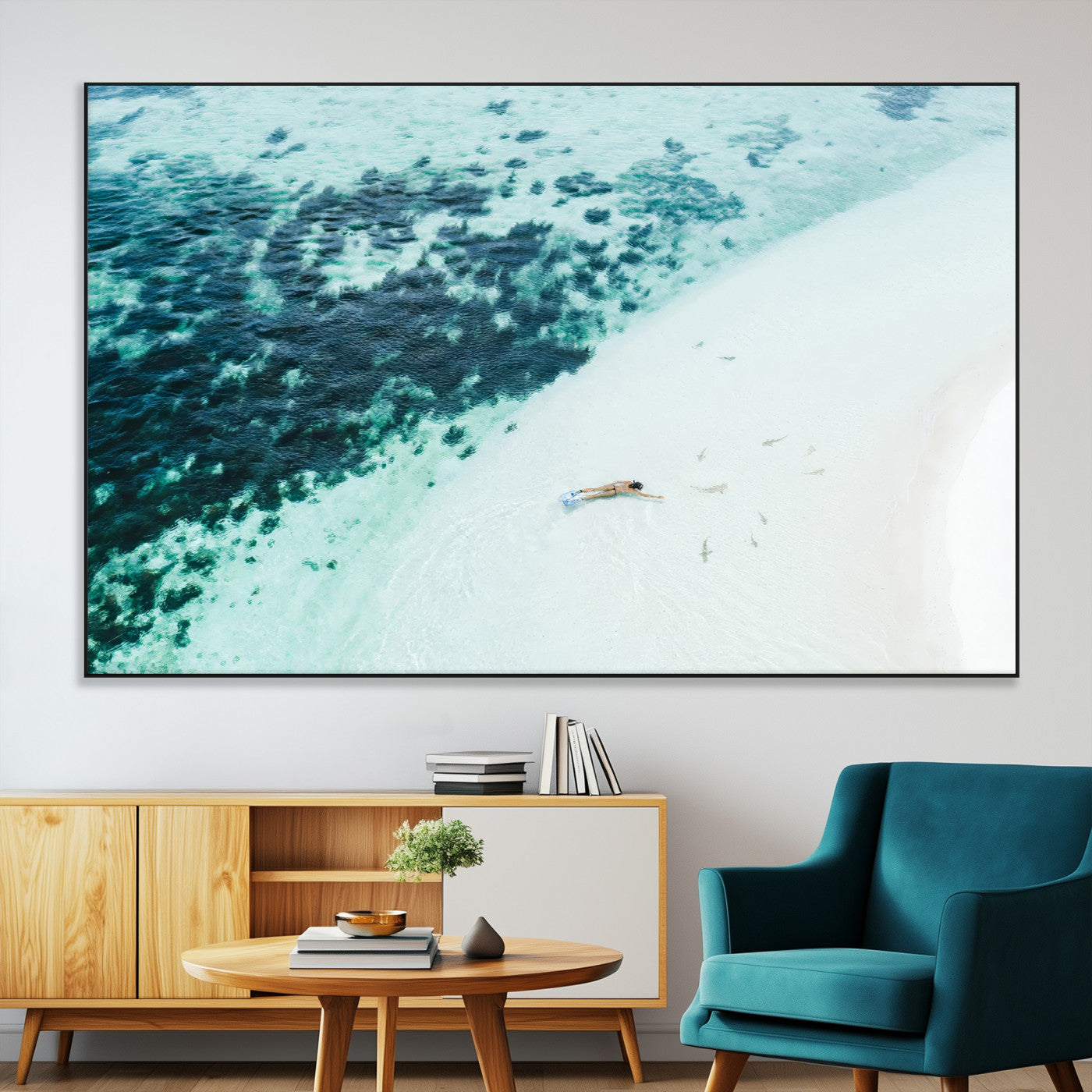 33764764-MGV-CV-36X24-Minimal Beach Wall Art – Framed Ocean Swimming Canvas Artwork, Clear Blue Sea Design, Modern Coastal Decor for Home, Office
